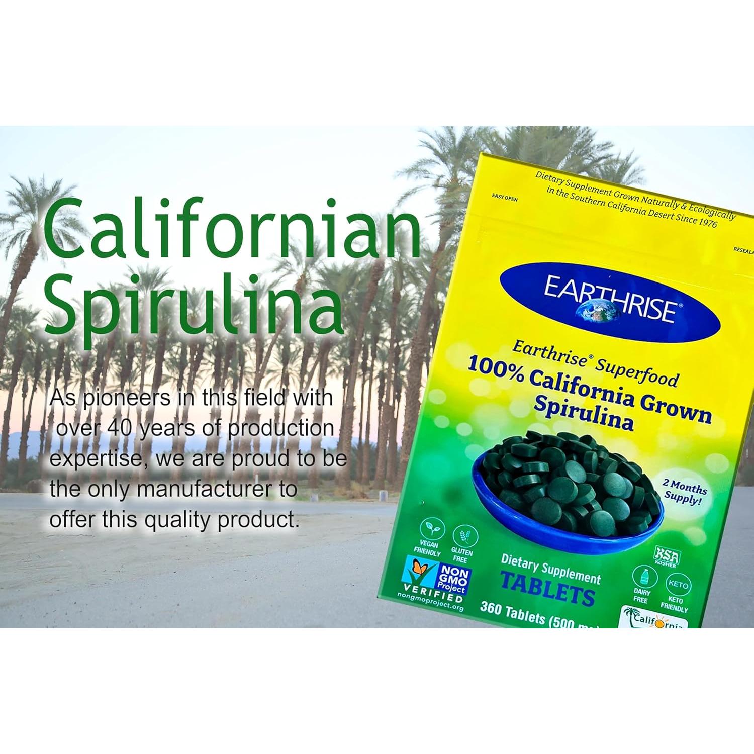 Espirulina 100% Natural Earthrise 500mg 180 Tabletas Veganas