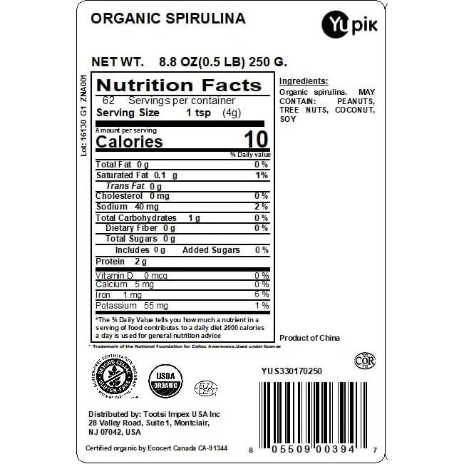 Yupik Spirulina Orgánica 250g - Superalimento Vegano Sin Gluten