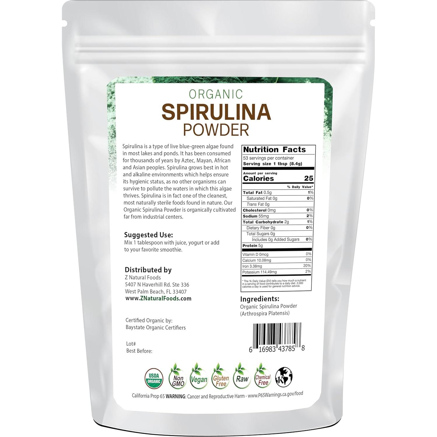 Polvo de Espirulina Orgánica Z Natural Foods 454g - Superalimento