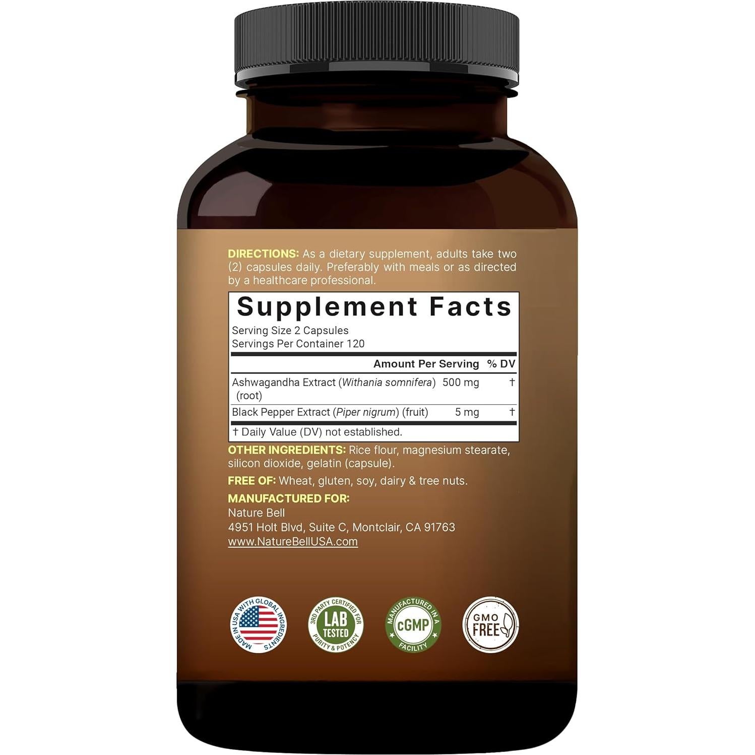 NatureBell Ashwagandha 240 Cápsulas con Pimienta Negra - Adaptógeno