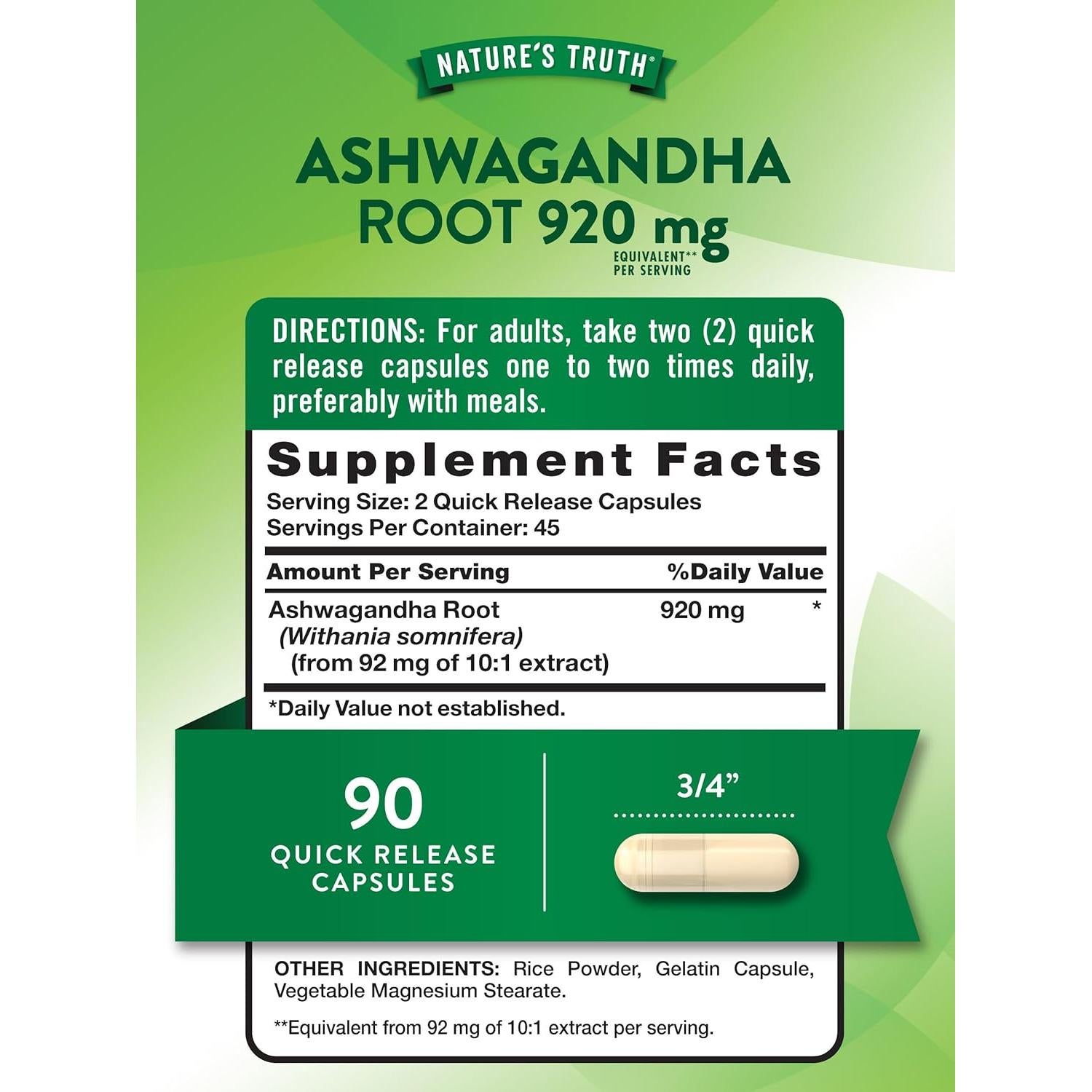 Suplemento de Ashwagandha Nature's Truth 920 mg 90 Cápsulas Sin OGM