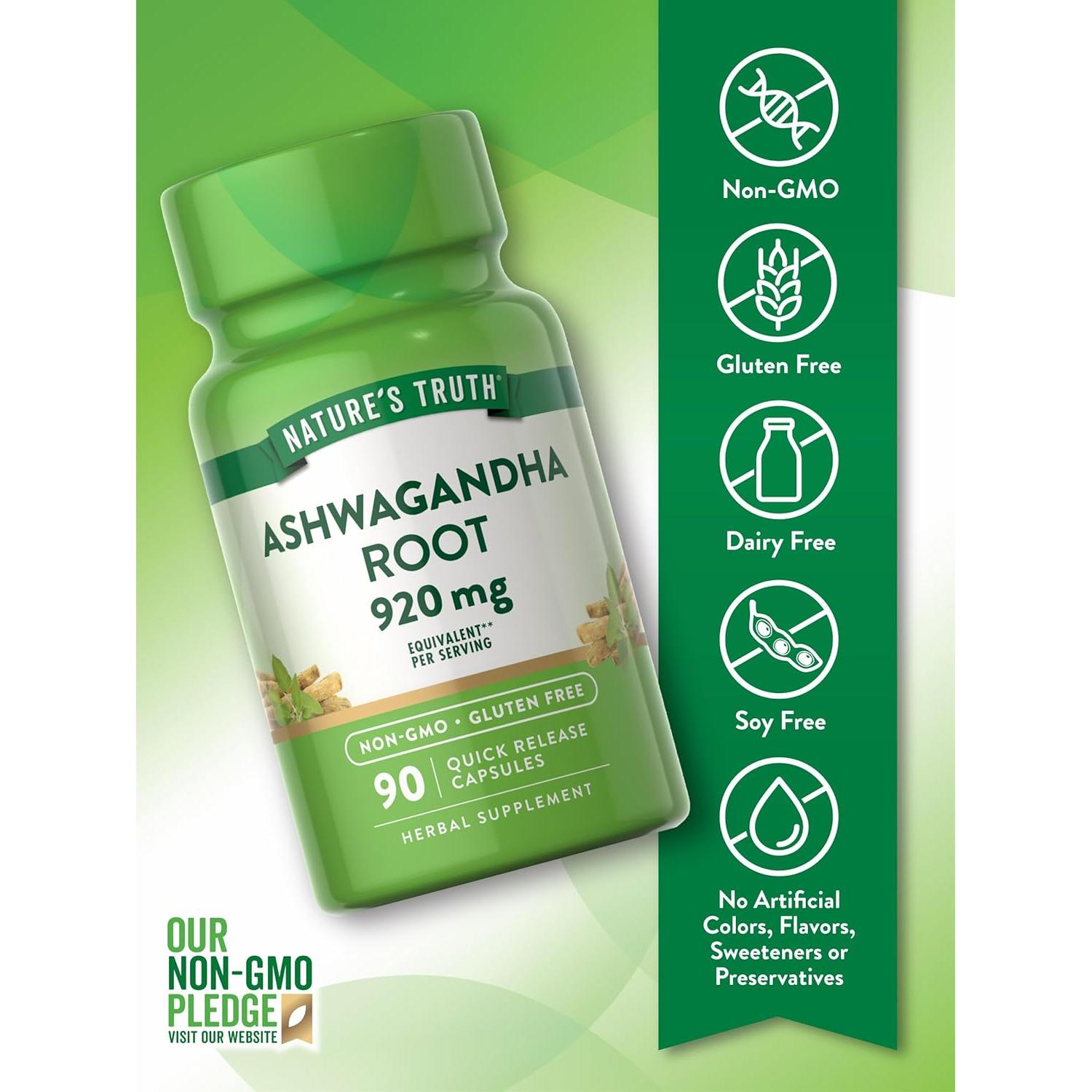 Suplemento de Ashwagandha Nature's Truth 920 mg 90 Cápsulas Sin OGM