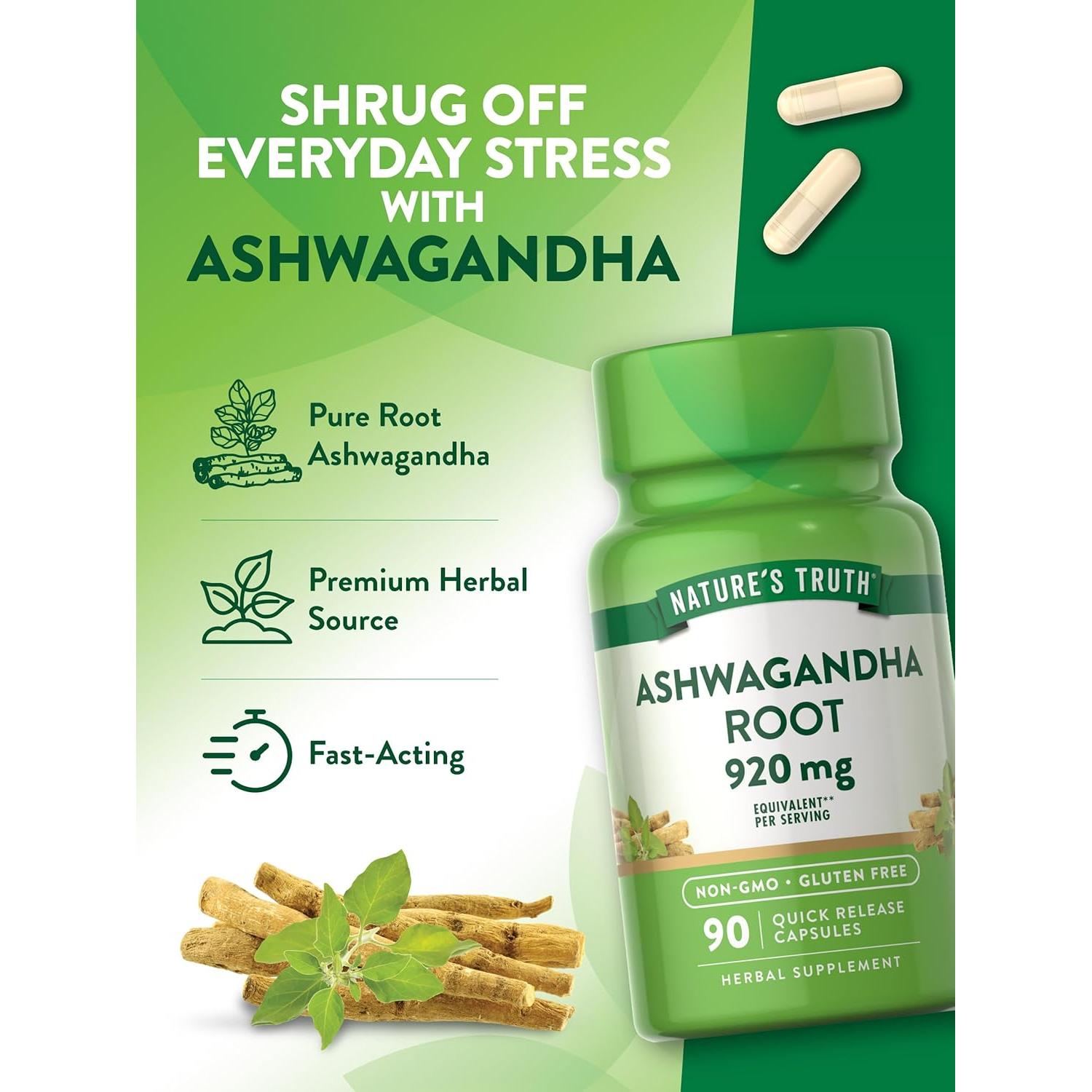 Suplemento de Ashwagandha Nature's Truth 920 mg 90 Cápsulas Sin OGM