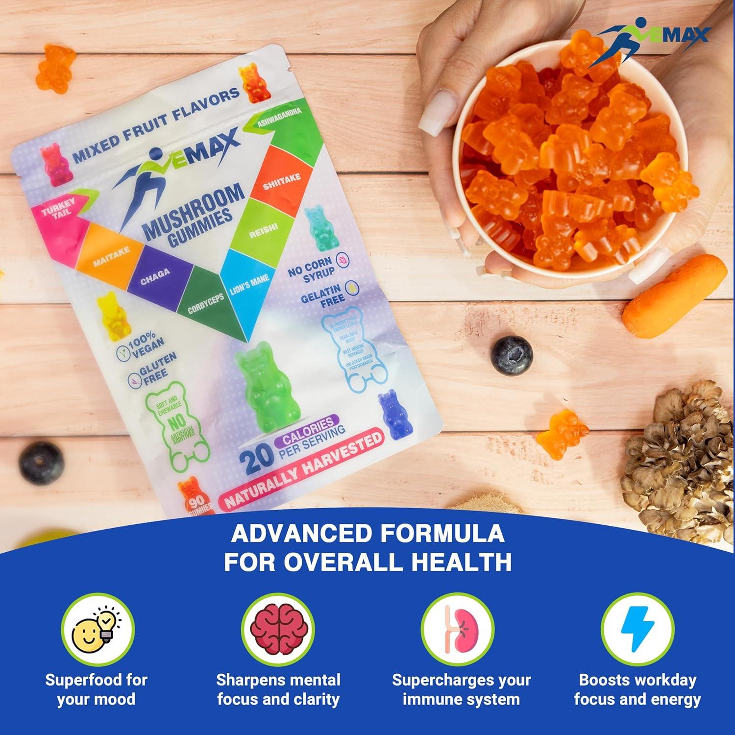 Gomitas Veganas de Ashwagandha y Hongos Orgánicos Vemax - 2500 mg