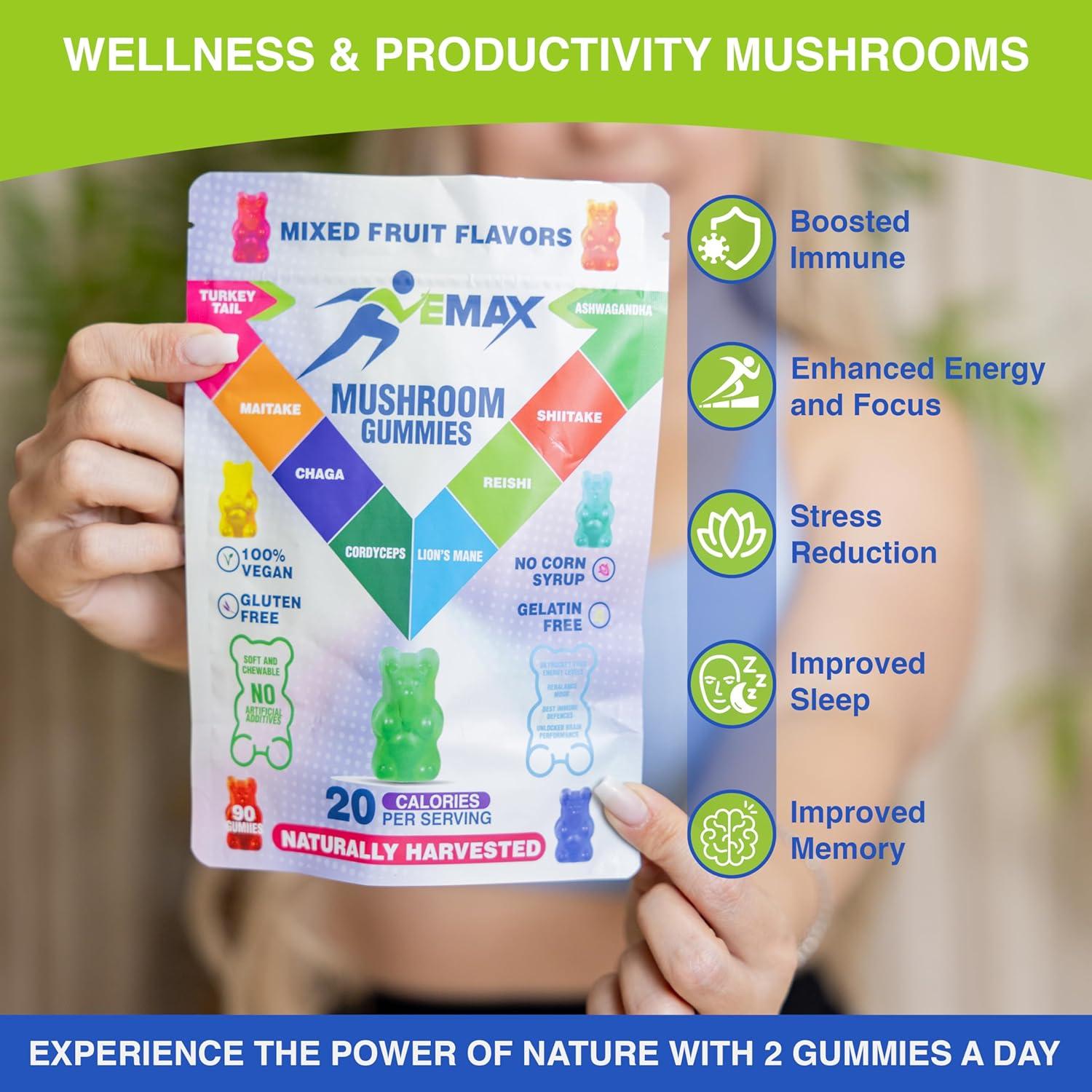 Gomitas Veganas de Ashwagandha y Hongos Orgánicos Vemax - 2500 mg