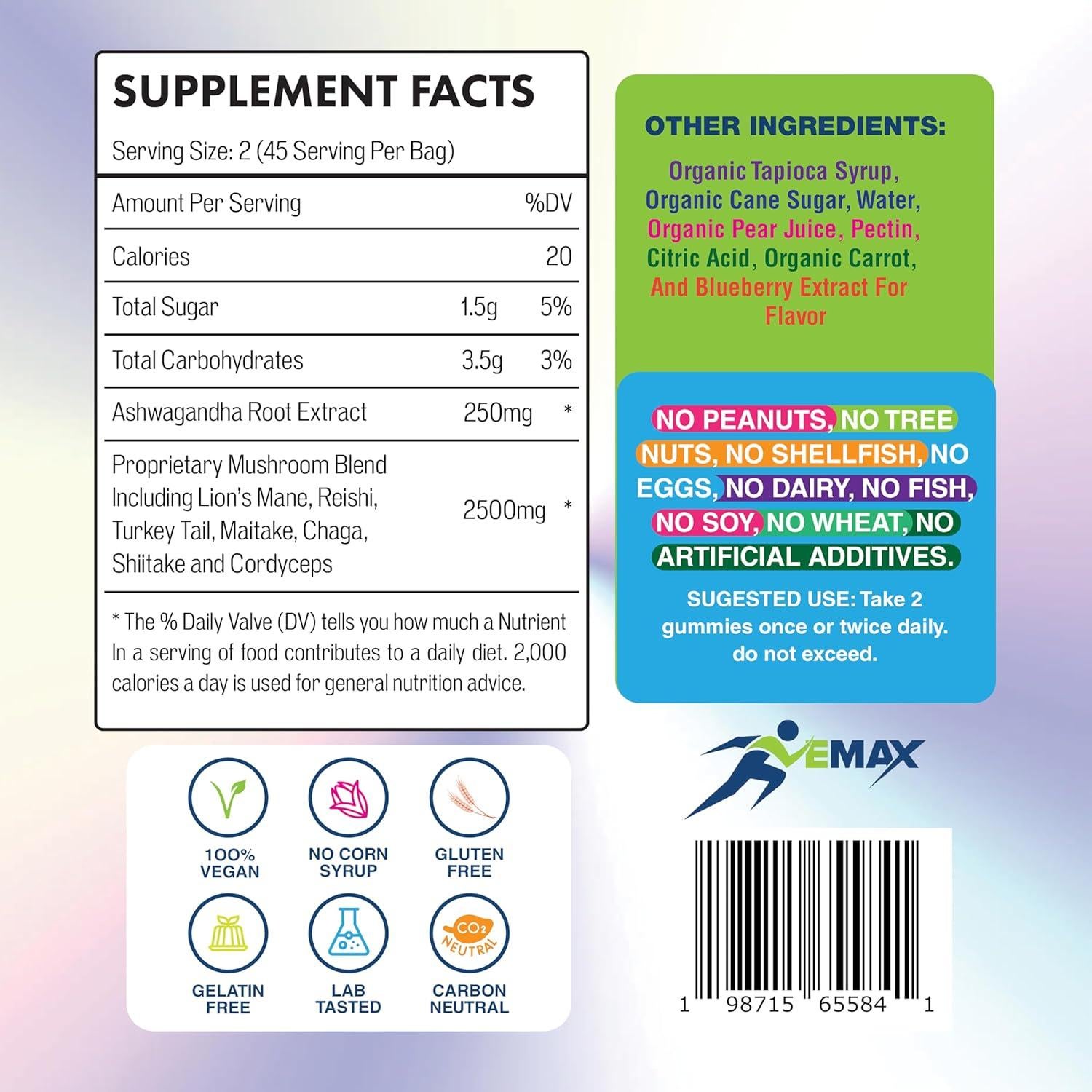 Gomitas Veganas de Ashwagandha y Hongos Orgánicos Vemax - 2500 mg