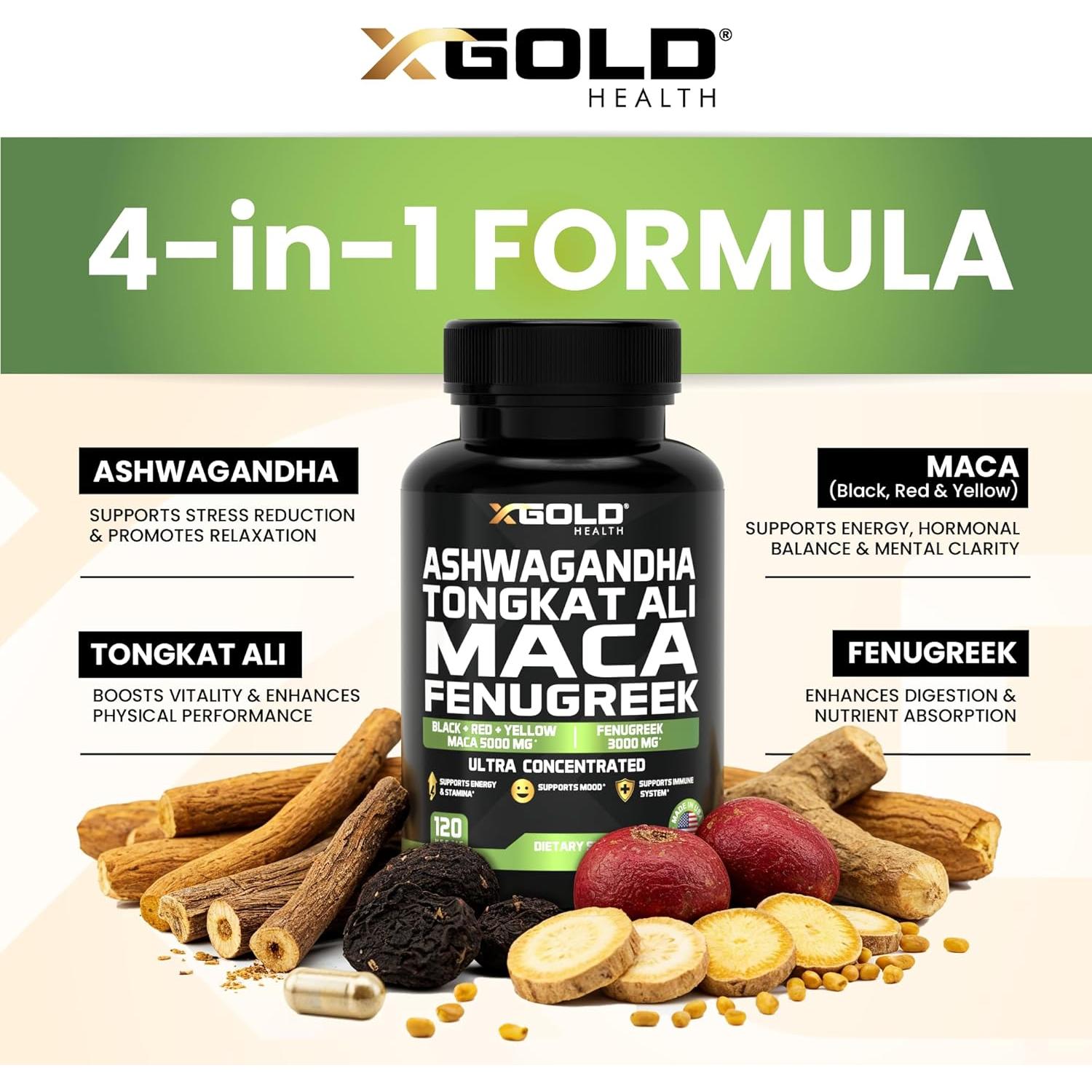 Suplemento Herbal Ashwagandha 5000mg + Maca 5000mg + Fenogreco 3000mg