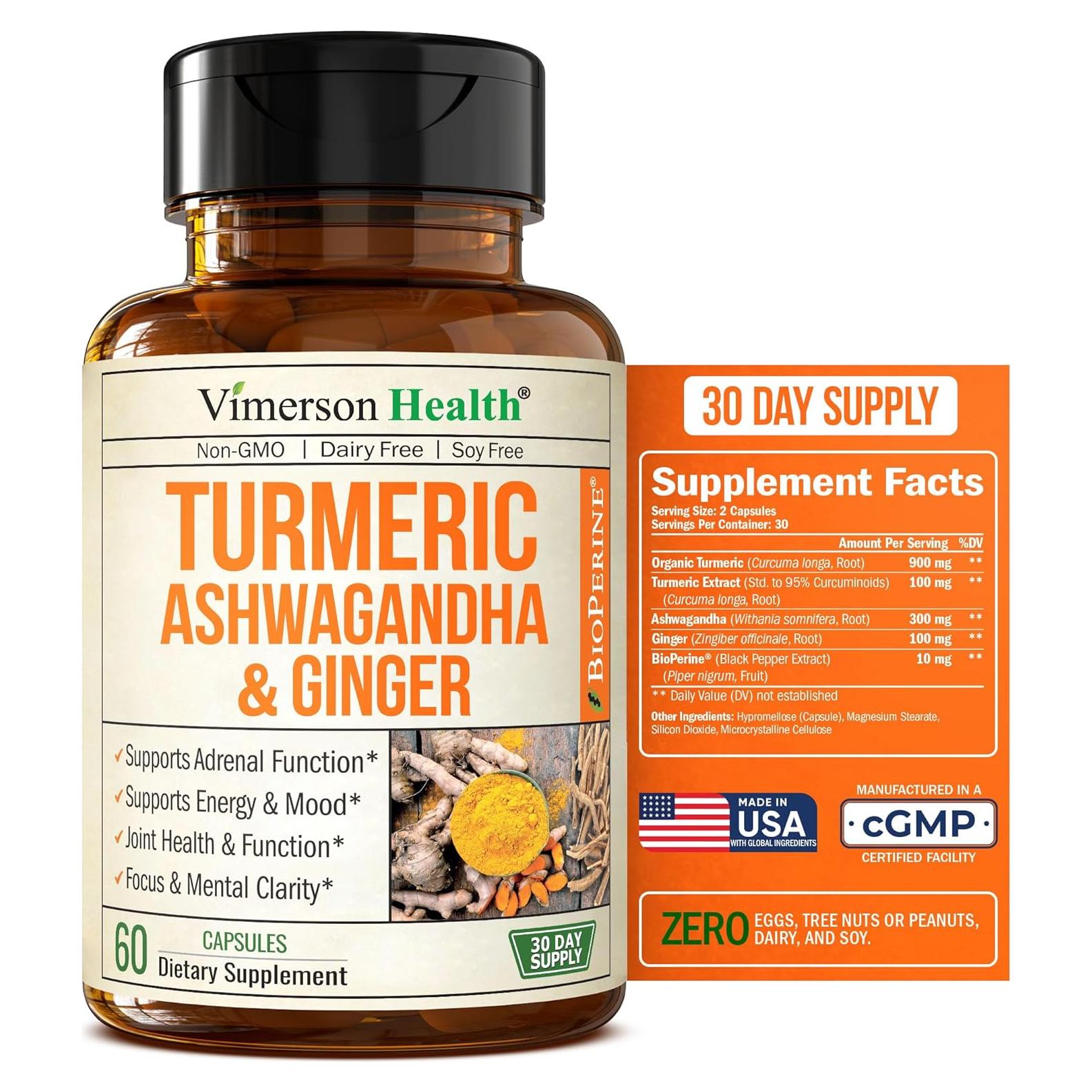 Suplemento de Cúrcuma y Ashwagandha Vimerson 60 Cápsulas