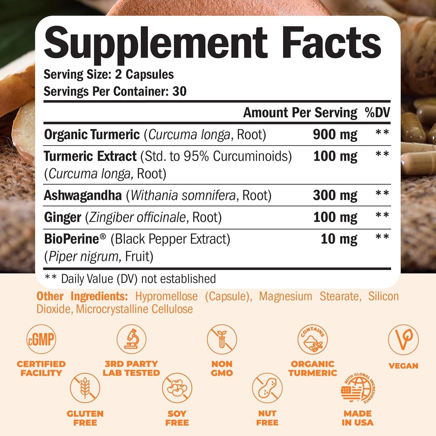 Suplemento de Cúrcuma y Ashwagandha Vimerson 60 Cápsulas