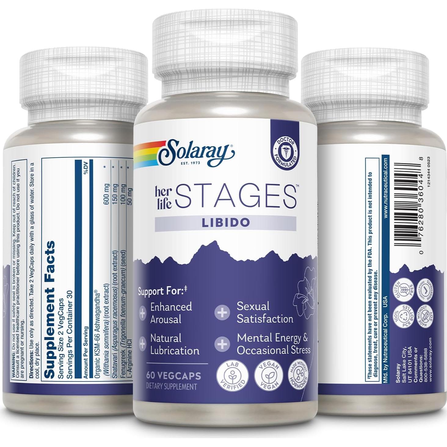 Suplemento Libido Femenino Solaray - 60 VegCaps Shatavari Ashwagandha