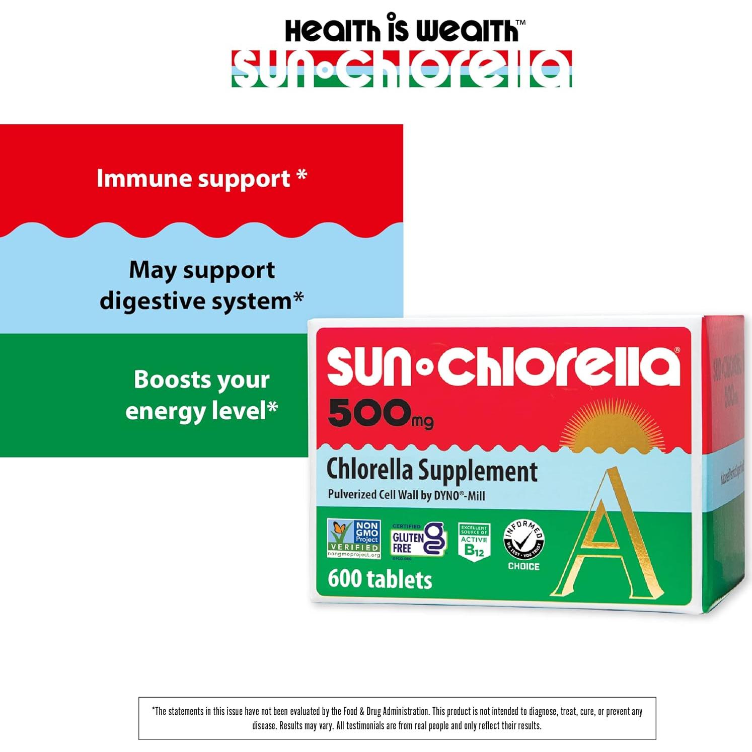Sun Chlorella 500mg Suplemento de Algas Verdes 600 Tabletas