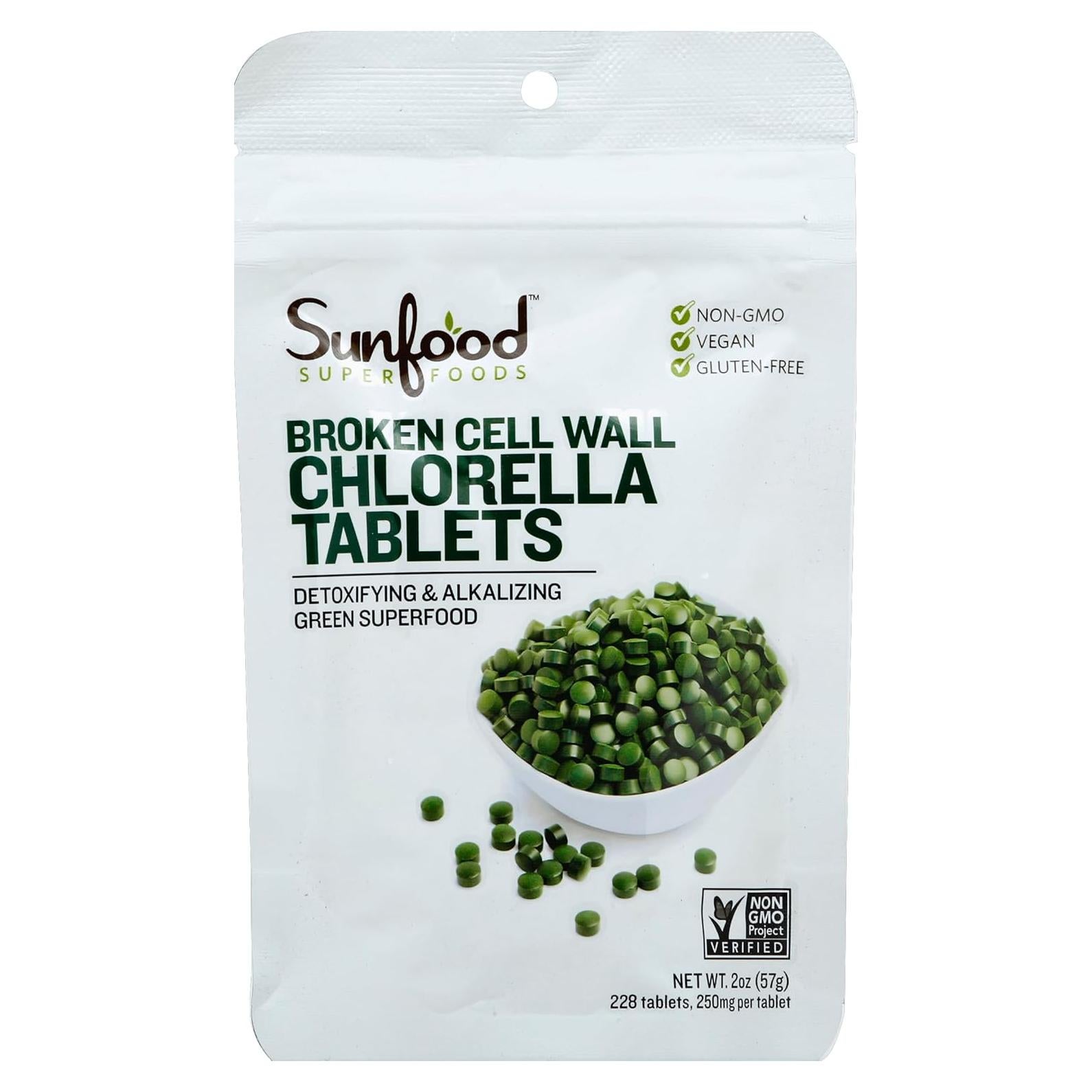Tabletas de Chlorella Sunfood 225 Conteo - Suplemento Vegano