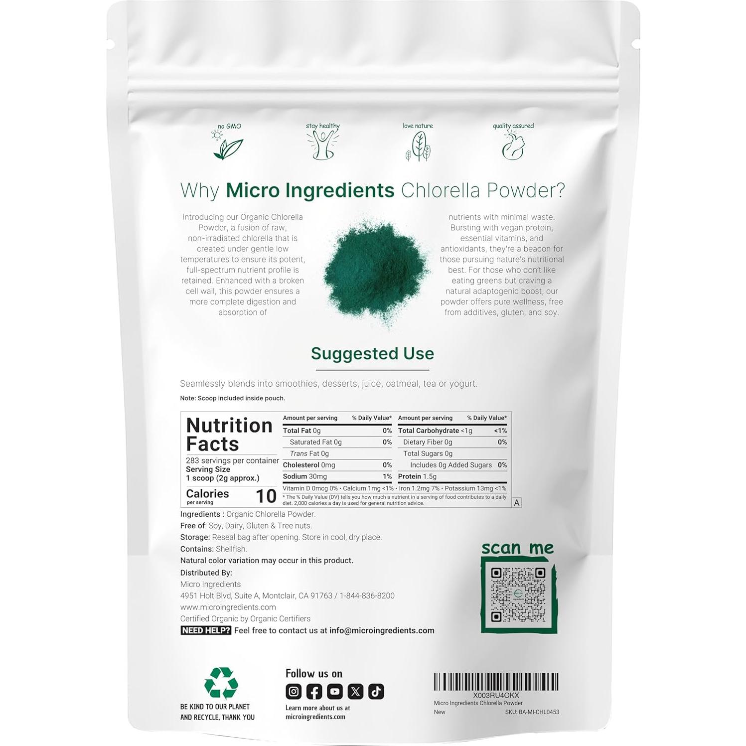 Polvo de Chlorella Orgánica Micro Ingredients 567g - Superalimento