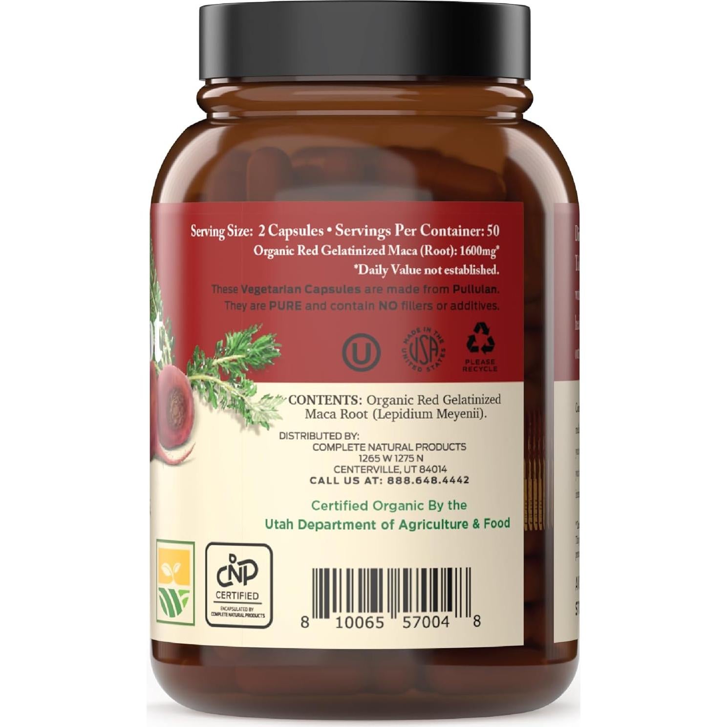 Cápsulas de Maca Roja Orgánica 800mg - 100 Pastillas Gelatinizadas