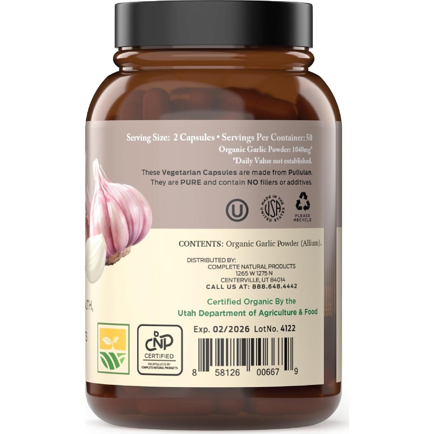 Cápsulas de Ajo Orgánico Complete Natural Products 520mg 100 Unidades