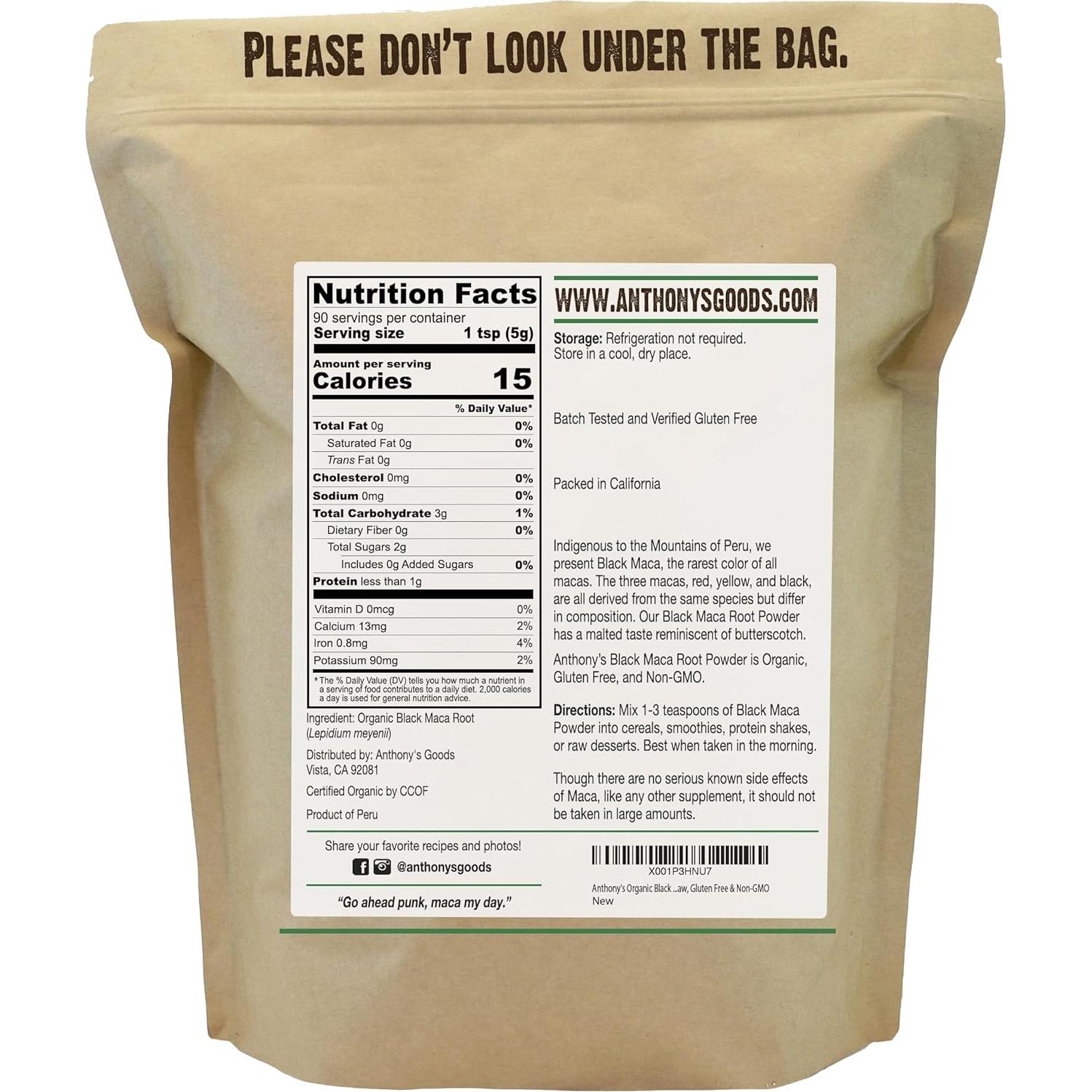 Polvo de Maca Negra Orgánica Anthony's 0.45 kg Sin Gluten