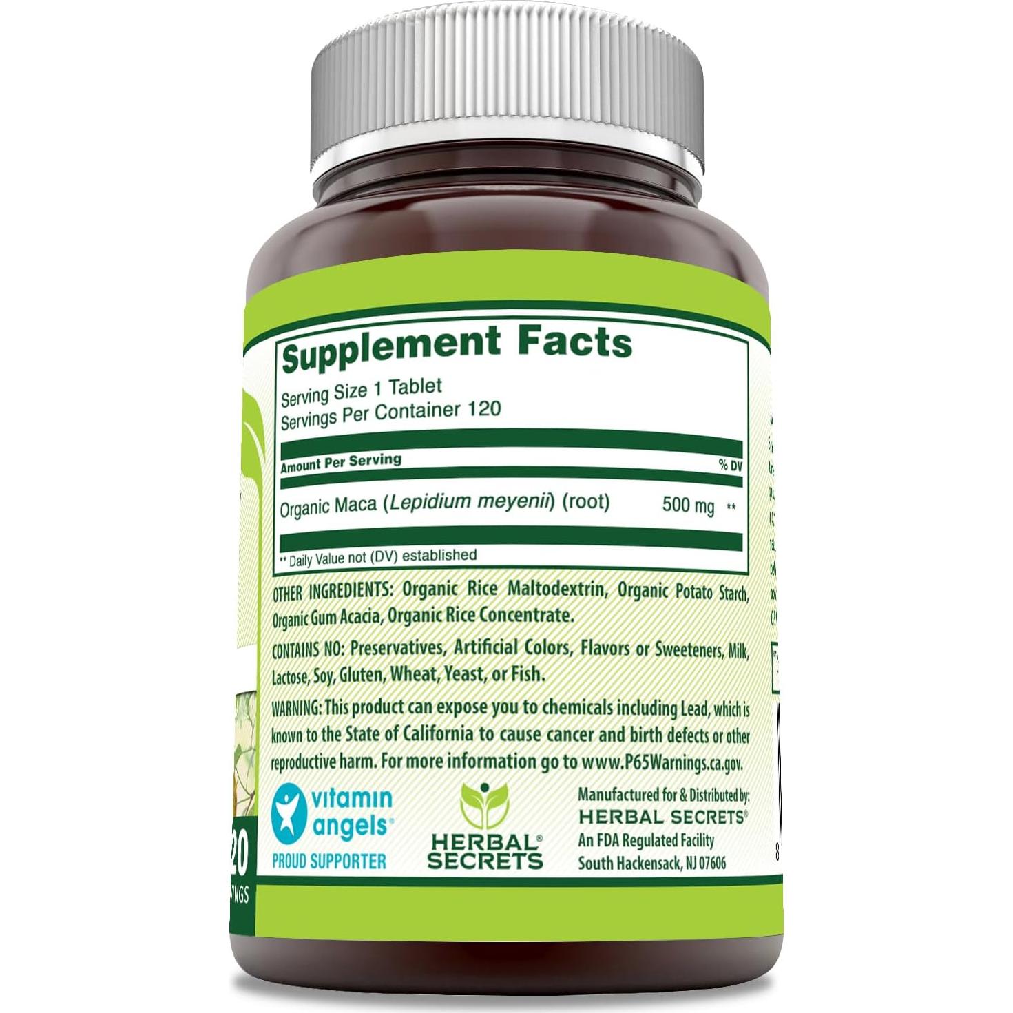 Suplemento de Maca Herbal Secrets 500 Mg 120 Tabletas No OGM