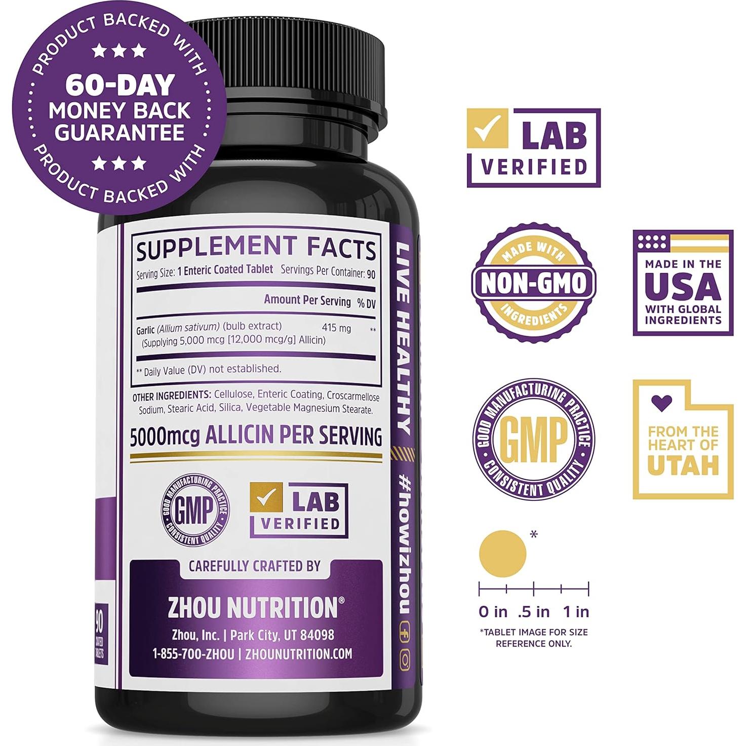 Suplemento de Ajo Zhou Nutrition 5000 mcg de Alicina - 90 Tabletas