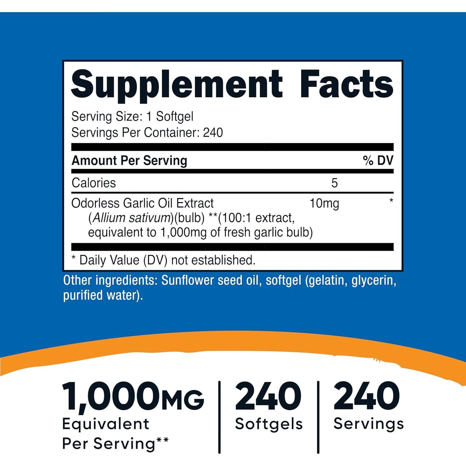 Suplemento de Ajo Nutricost 1000mg 240 Gelatinas Sin Olor