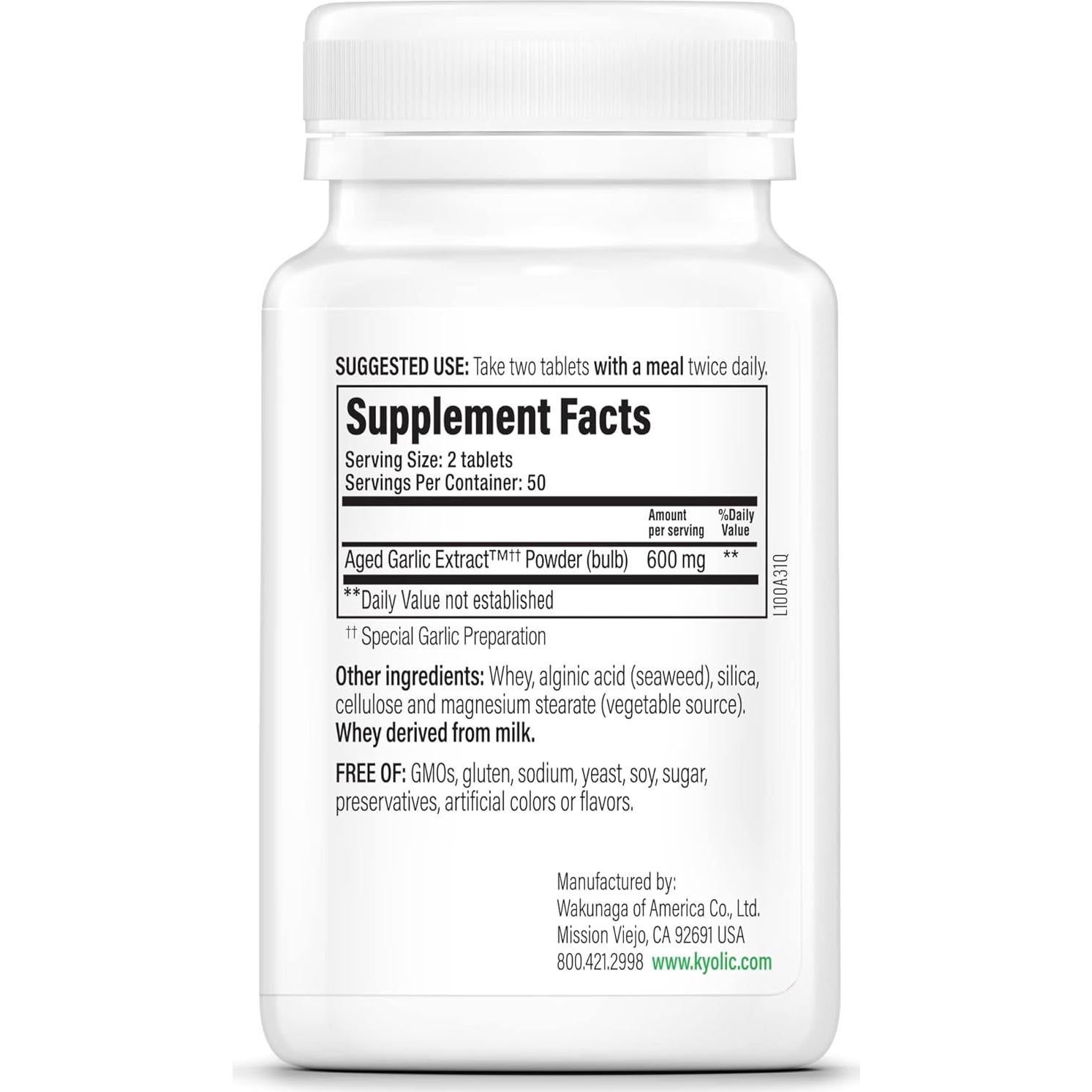 Extracto de Ajo Envejecido Kyolic 100 Tabletas Cardiovascular