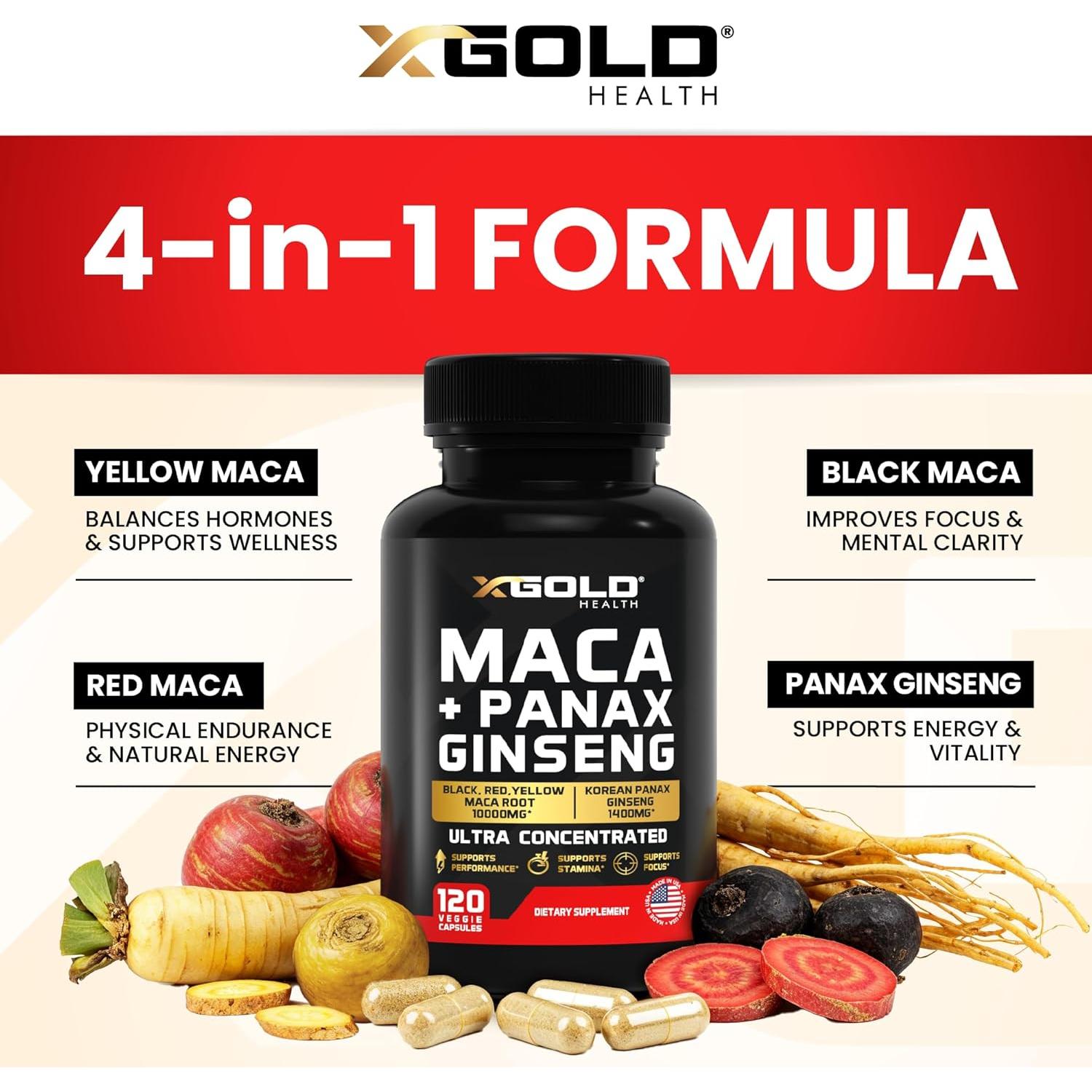 Cápsulas de Raíz de Maca 10,000mg + Ginseng Panax 1,400mg - X Gold Health
