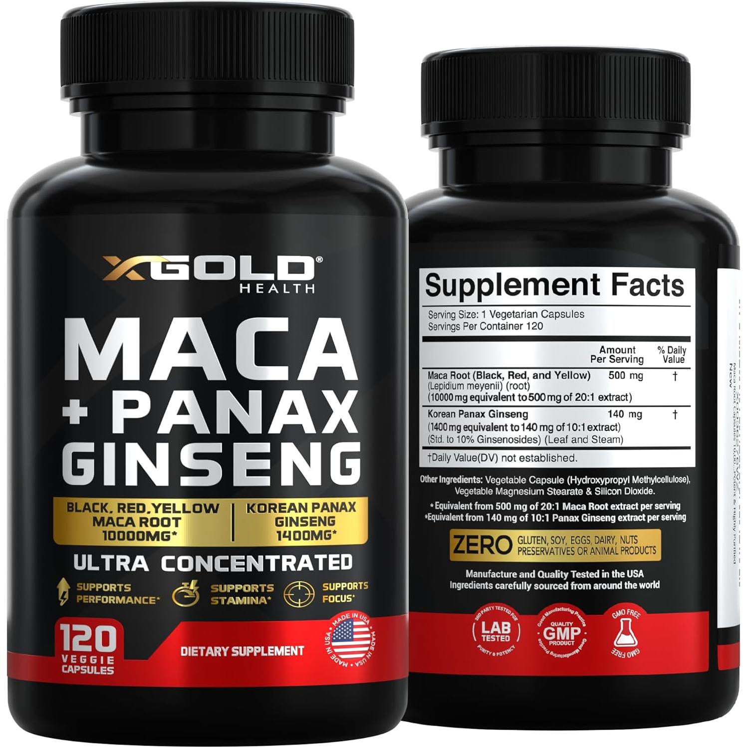 Cápsulas de Raíz de Maca 10,000mg + Ginseng Panax 1,400mg - X Gold Health