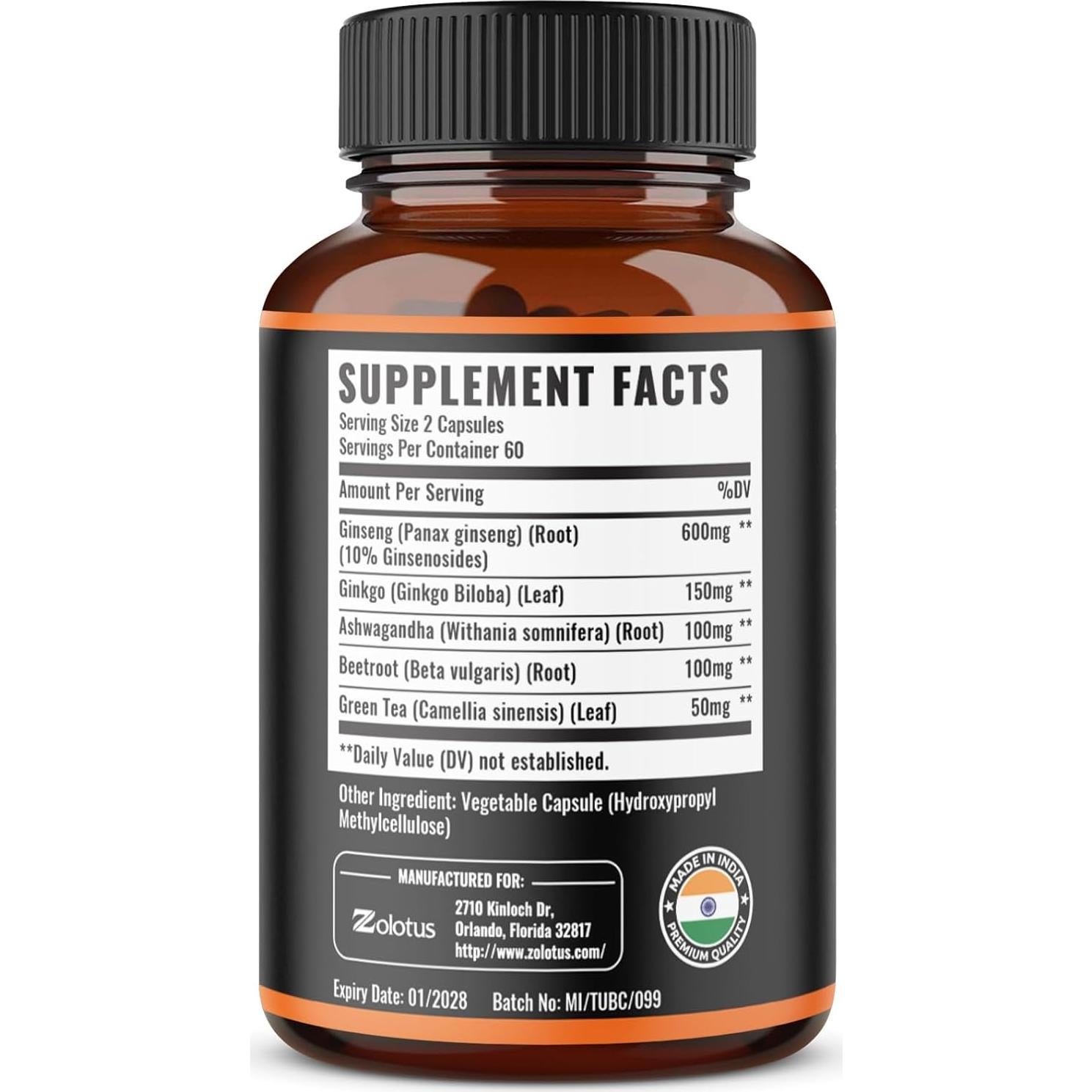 Suplemento Zolotus Ginseng Rojo Coreano + Ginkgo Biloba 120 Cápsulas