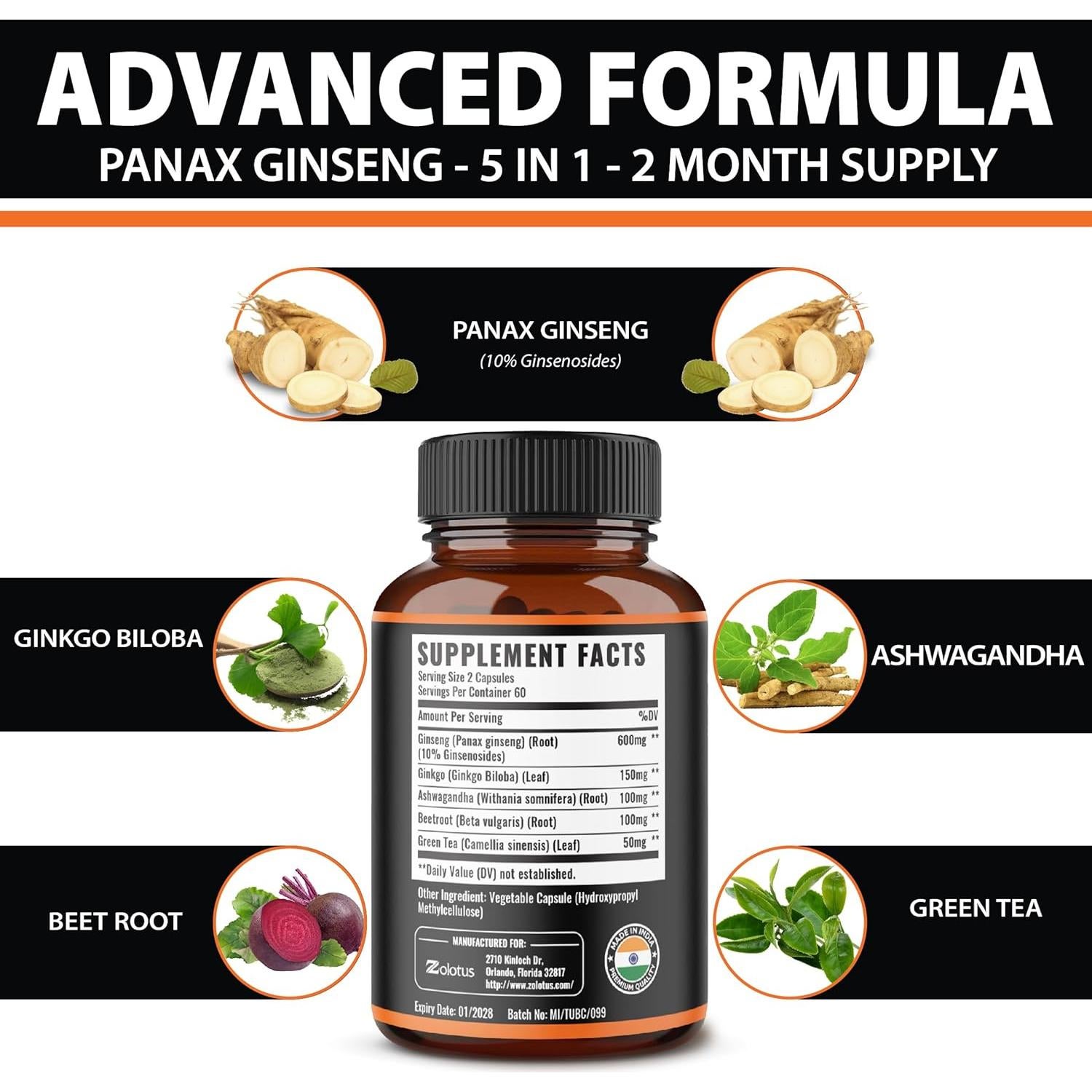 Suplemento Zolotus Ginseng Rojo Coreano + Ginkgo Biloba 120 Cápsulas