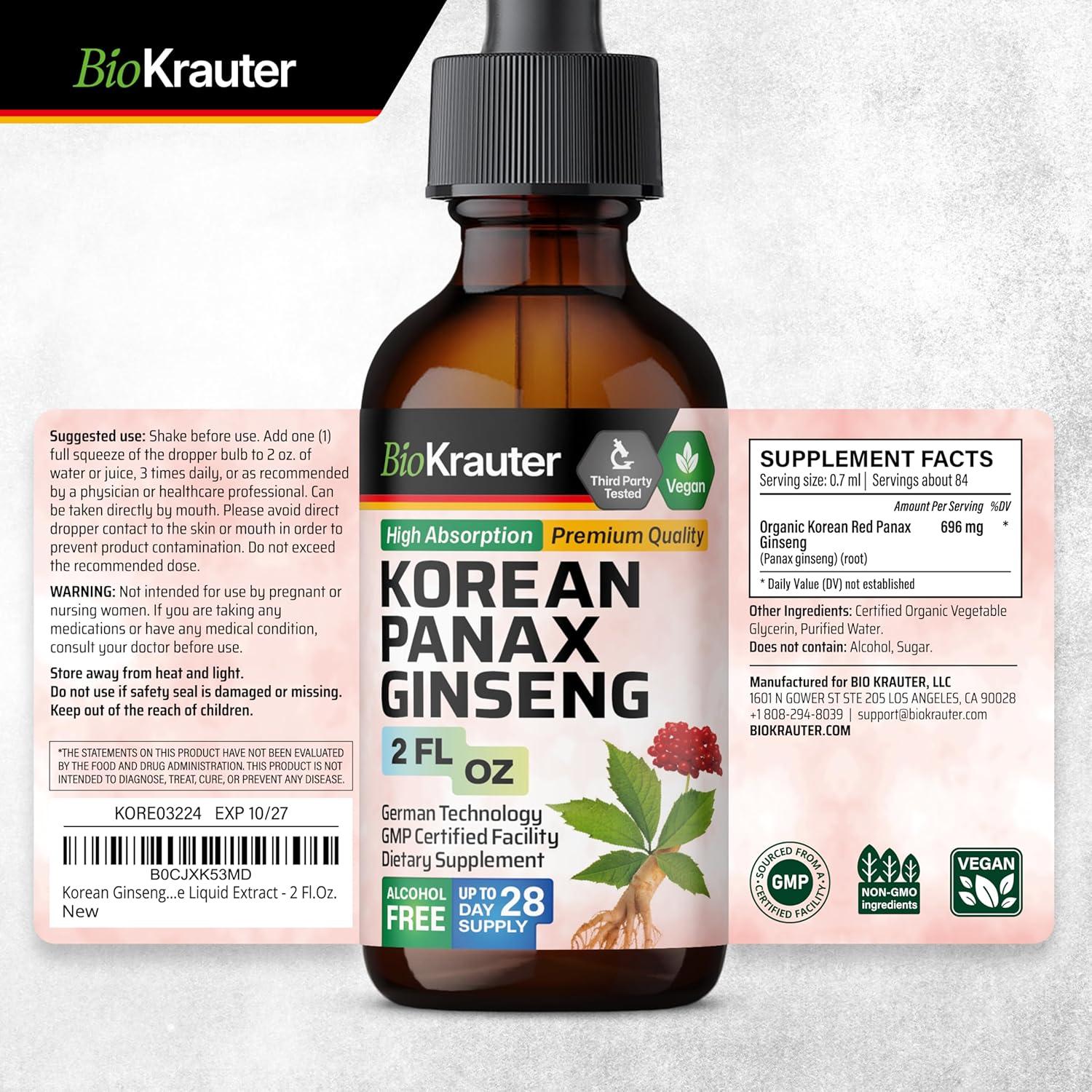 Extracto Líquido de Ginseng Rojo Coreano BIO KRAUTER 60 ml - Vegano