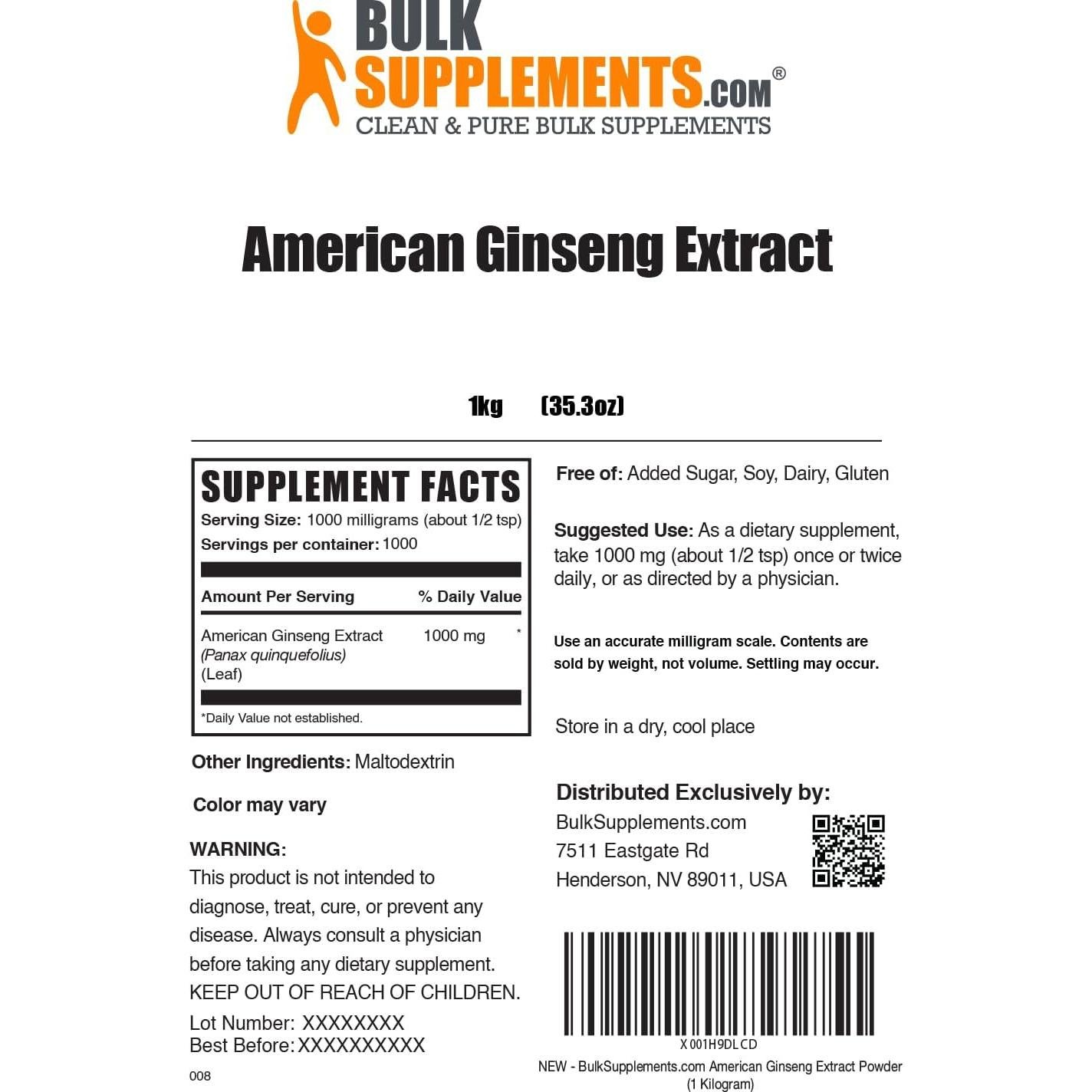 Extracto de Ginseng Americano en Polvo BulkSupplements 1kg
