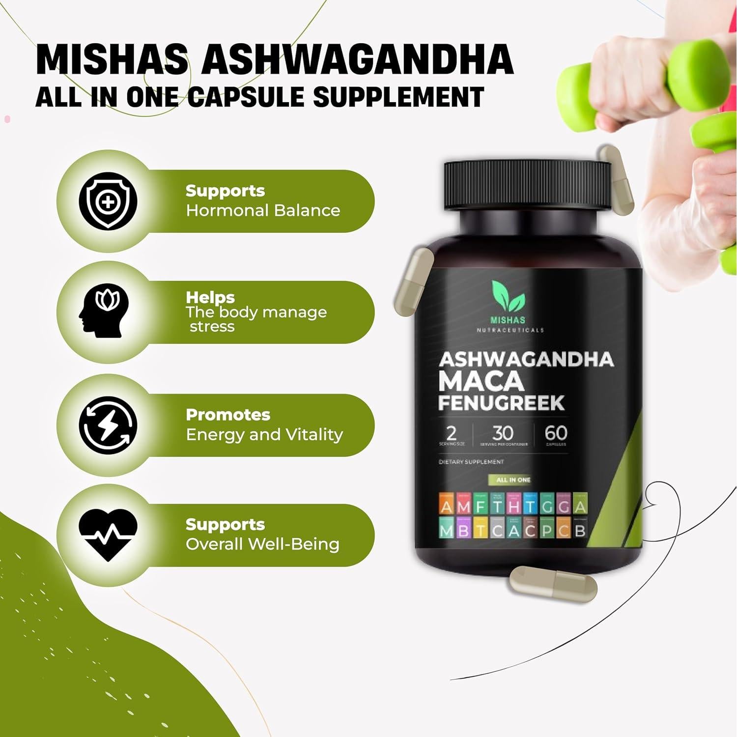 Suplemento Herbal Misha: Ashwagandha, Maca y Fenogreco 60 Cápsulas
