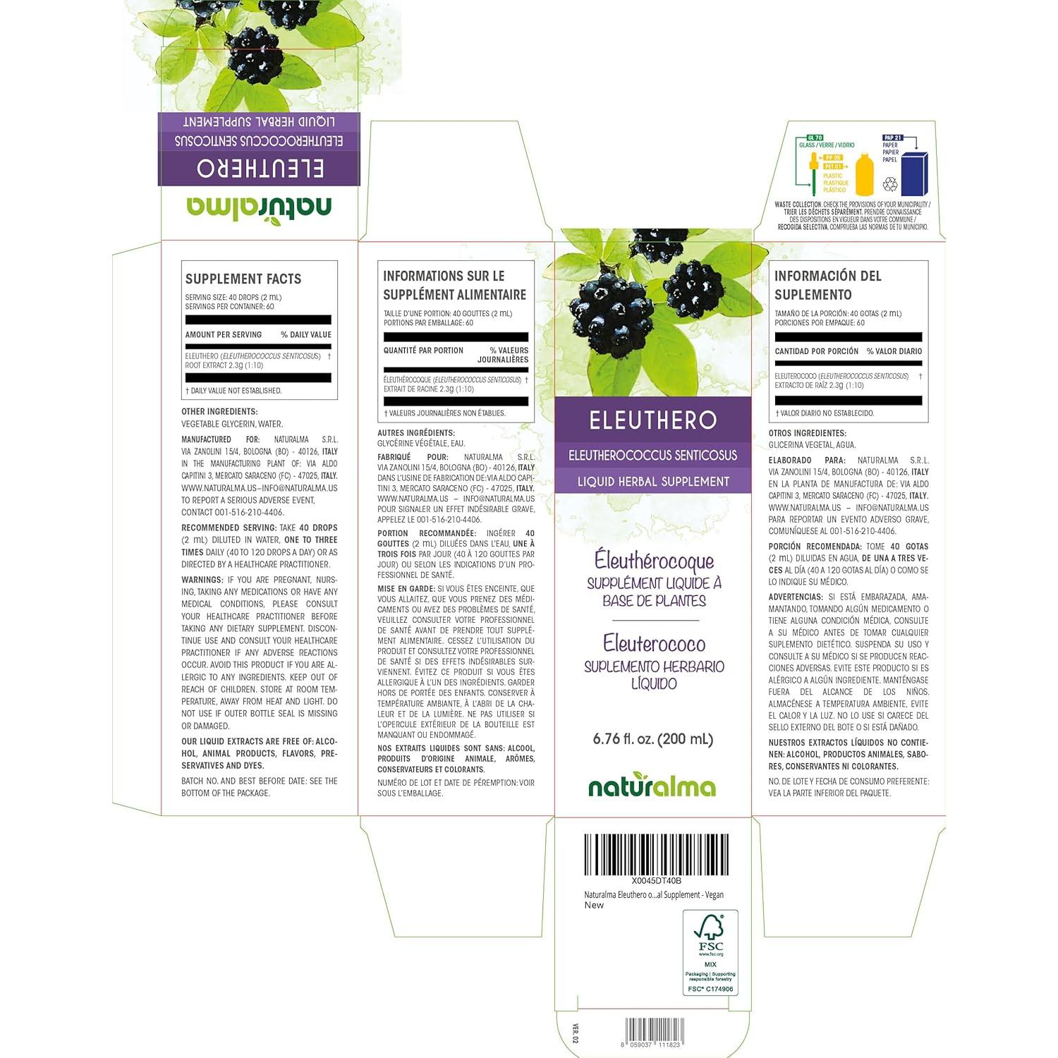 Extracto Líquido de Eleuthero Naturalma 200 ml - Suplemento Vegano