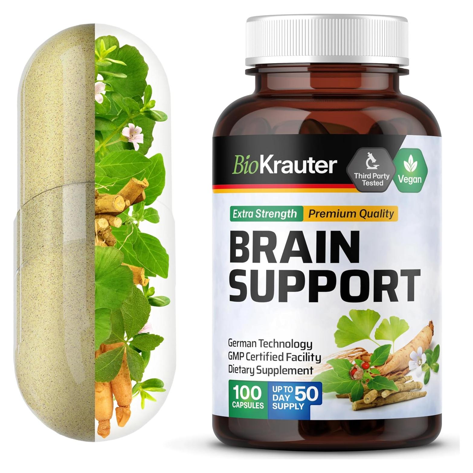 Suplemento Cerebral BioKrauter - 100 Cápsulas - 1300 mg Ashwagandha, Ginseng y Ginkgo Biloba