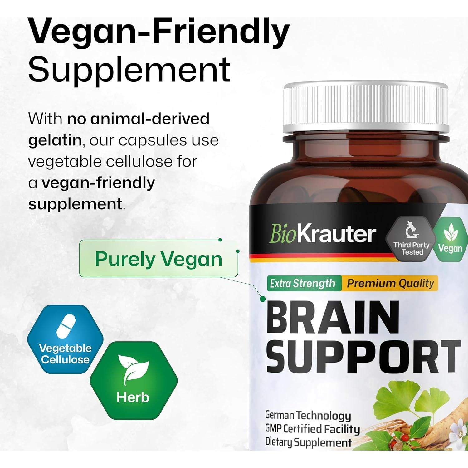 Suplemento Cerebral BioKrauter - 100 Cápsulas - 1300 mg Ashwagandha, Ginseng y Ginkgo Biloba