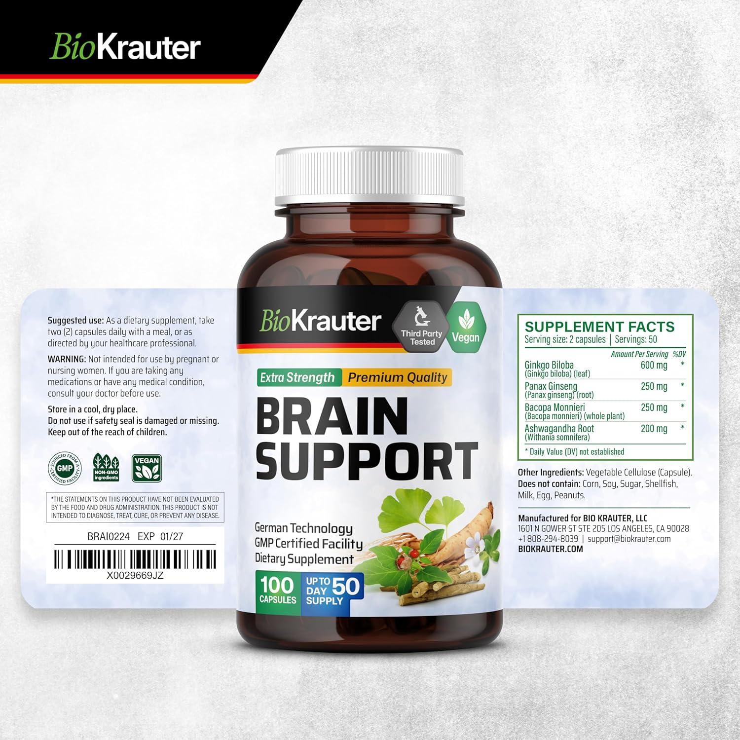 Suplemento Cerebral BioKrauter - 100 Cápsulas - 1300 mg Ashwagandha, Ginseng y Ginkgo Biloba