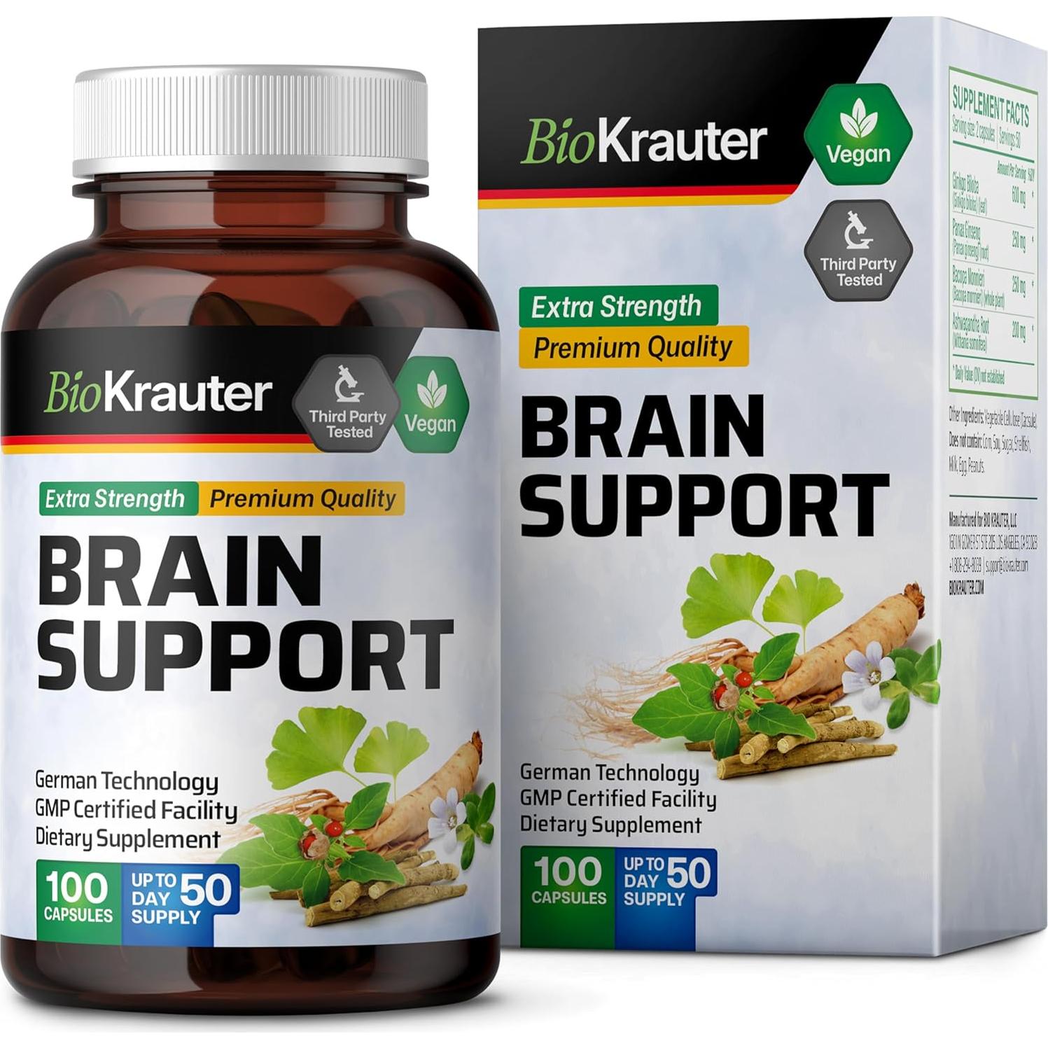 Suplemento Cerebral BioKrauter - 100 Cápsulas - 1300 mg Ashwagandha, Ginseng y Ginkgo Biloba