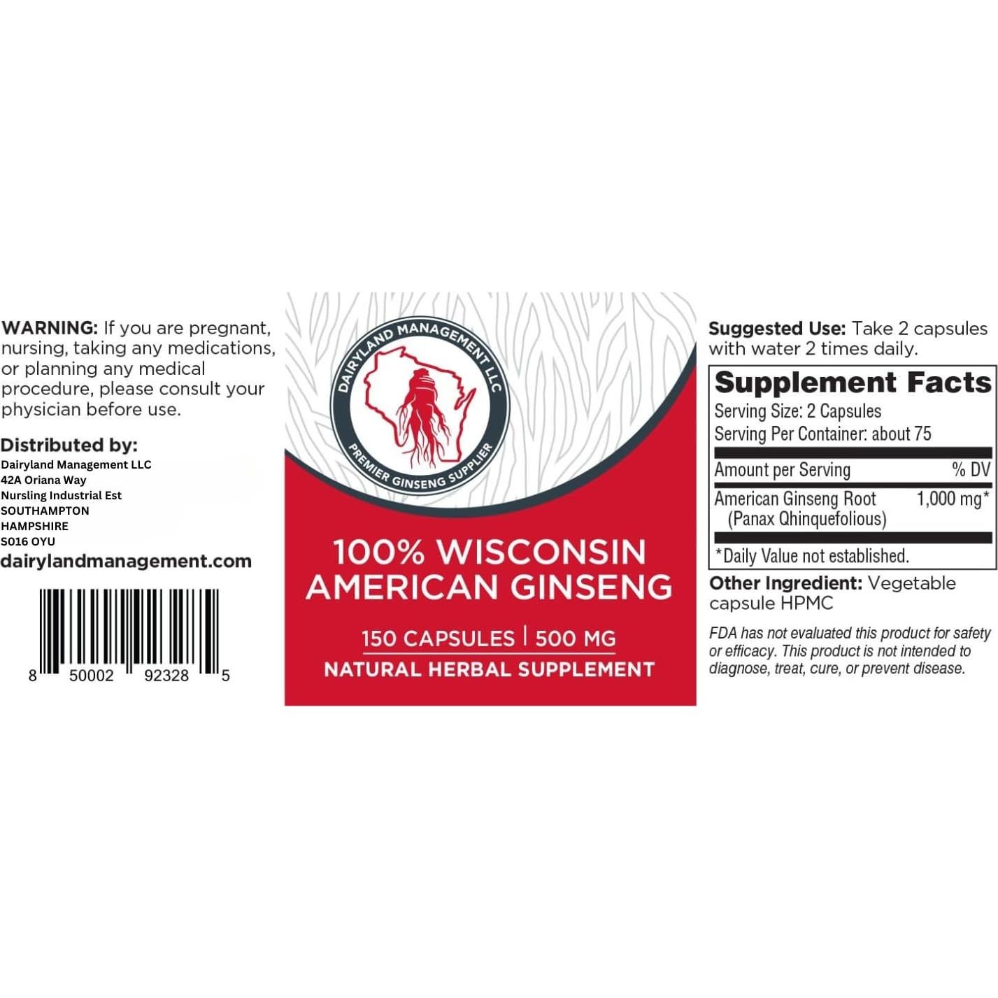 Cápsulas de Ginseng Americano Dairyland 150 ct 500 mg
