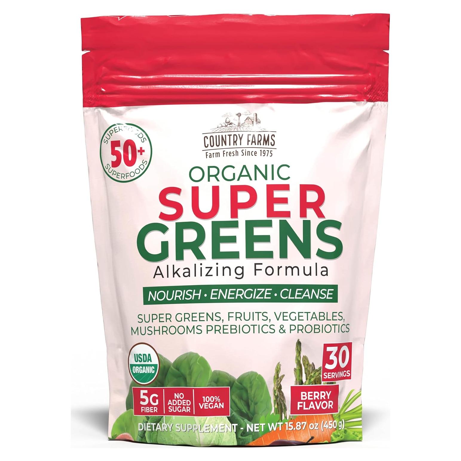 Country Farms Super Greens Sabor Baya 30 Porciones 50 Superalimentos