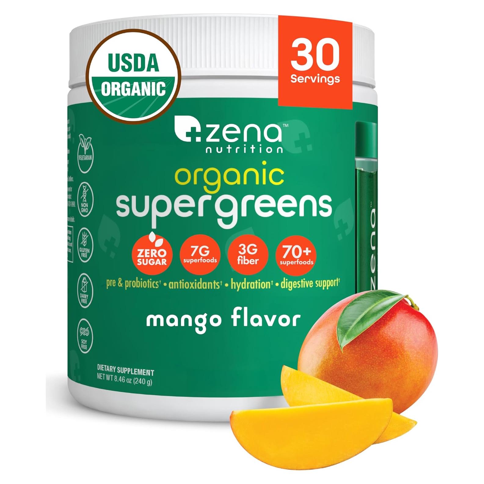 Polvo Orgánico de Super Verdes Zena Nutrition Mango 30 Porciones