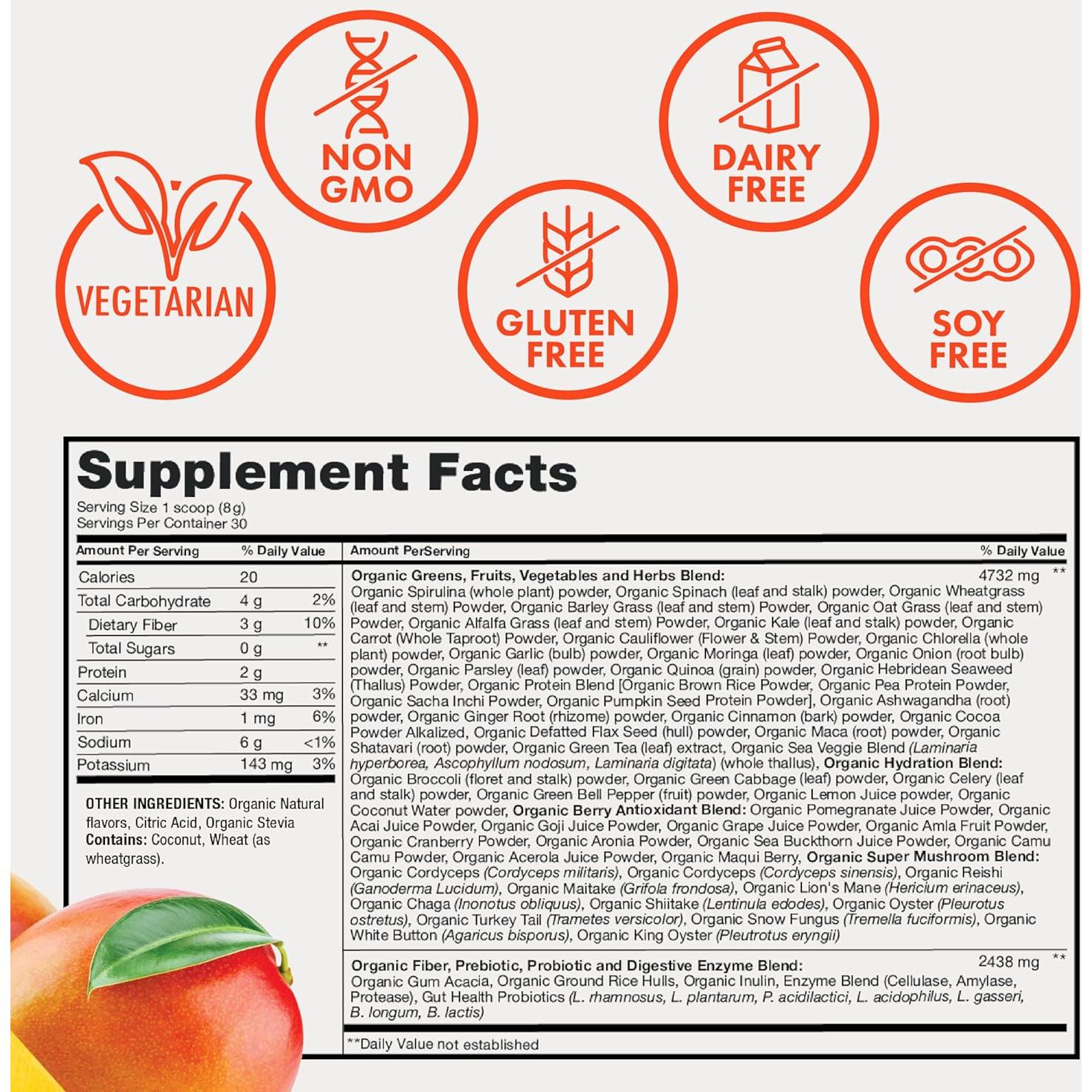 Polvo Orgánico de Super Verdes Zena Nutrition Mango 30 Porciones