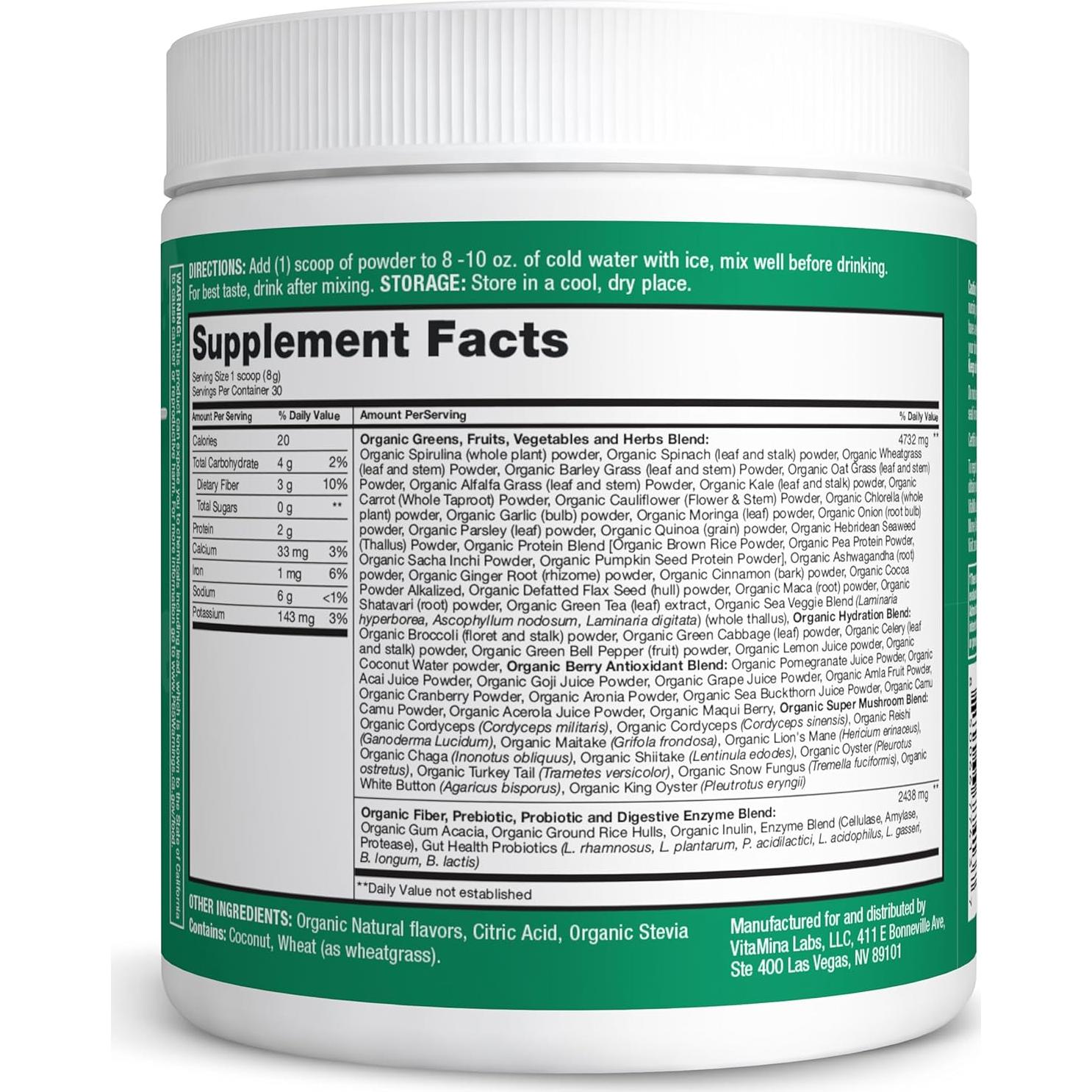 Polvo Orgánico de Super Verdes Zena Nutrition Mango 30 Porciones