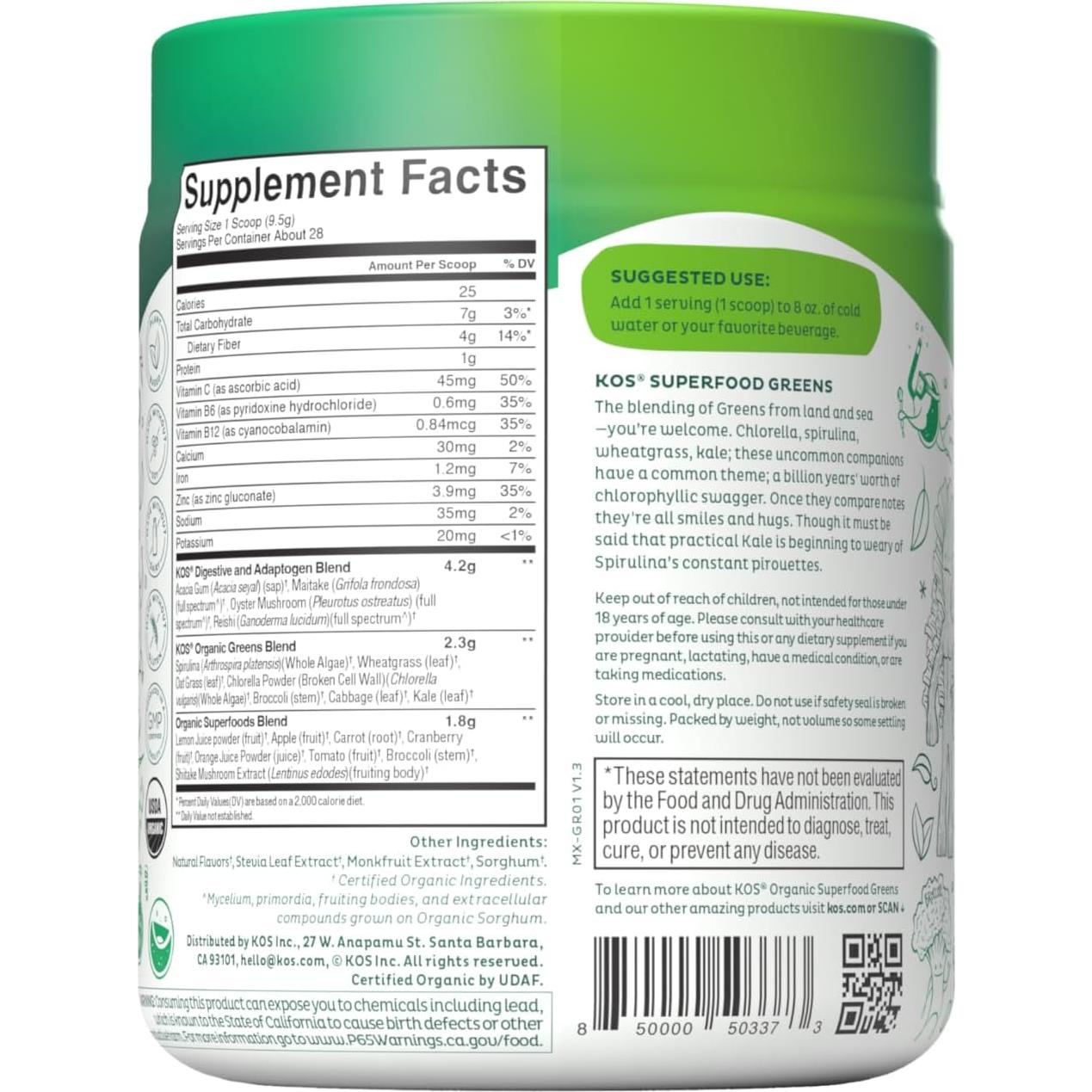 KOS Polvo de Super Verdes Orgánico Sabor Manzana - 28 Porciones