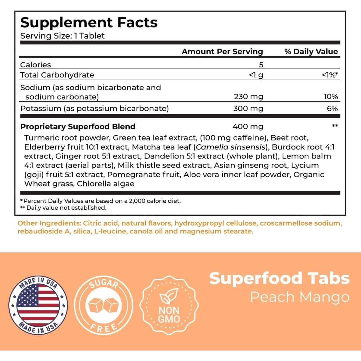 Tabletas Efervescentes Superalimento Veganas 60 Unidades Durazno Mango