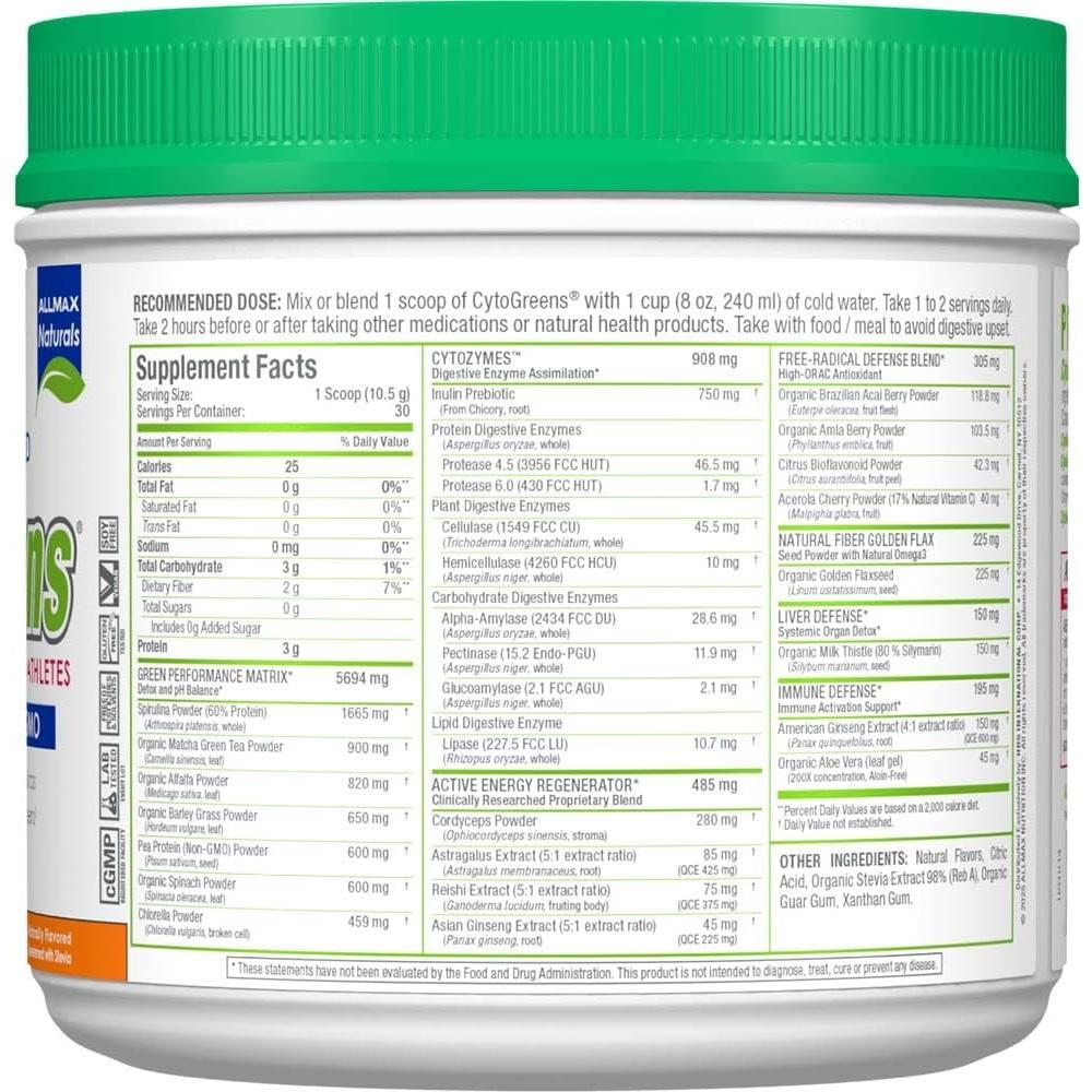ALLMAX CYTOGREENS Polvo Verde 315g - Espirulina, Chlorella, Té Verde
