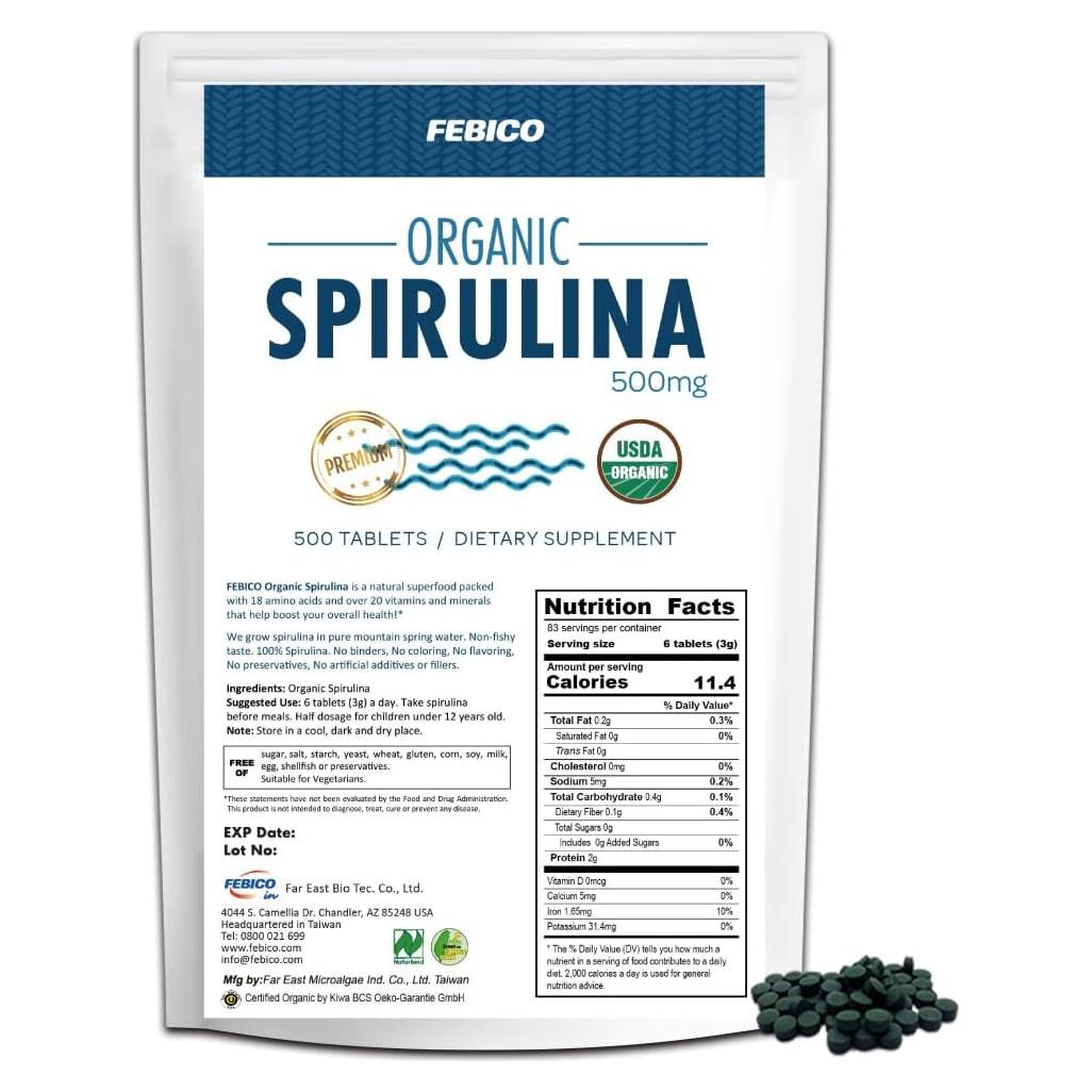 Tabletas de Espirulina Orgánica FEBICO 250g - Suplemento Vegano