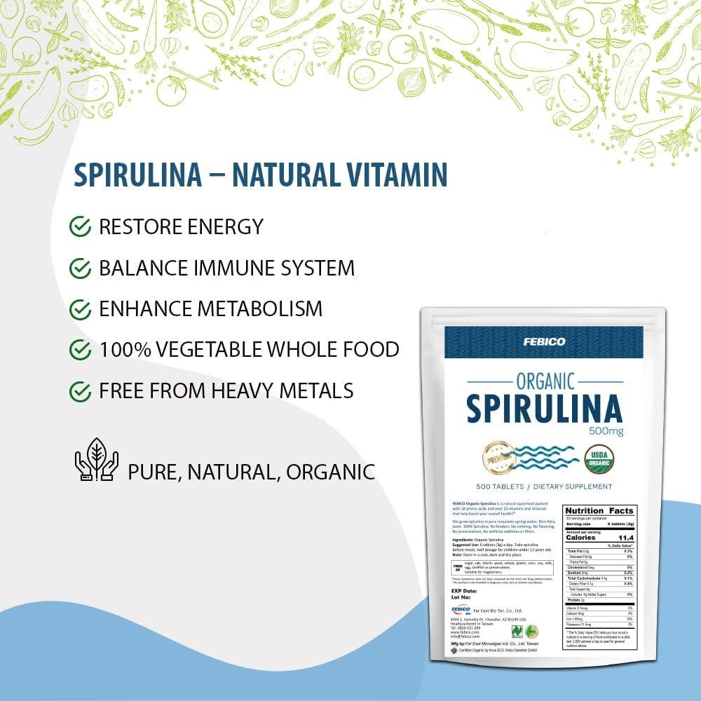Tabletas de Espirulina Orgánica FEBICO 250g - Suplemento Vegano