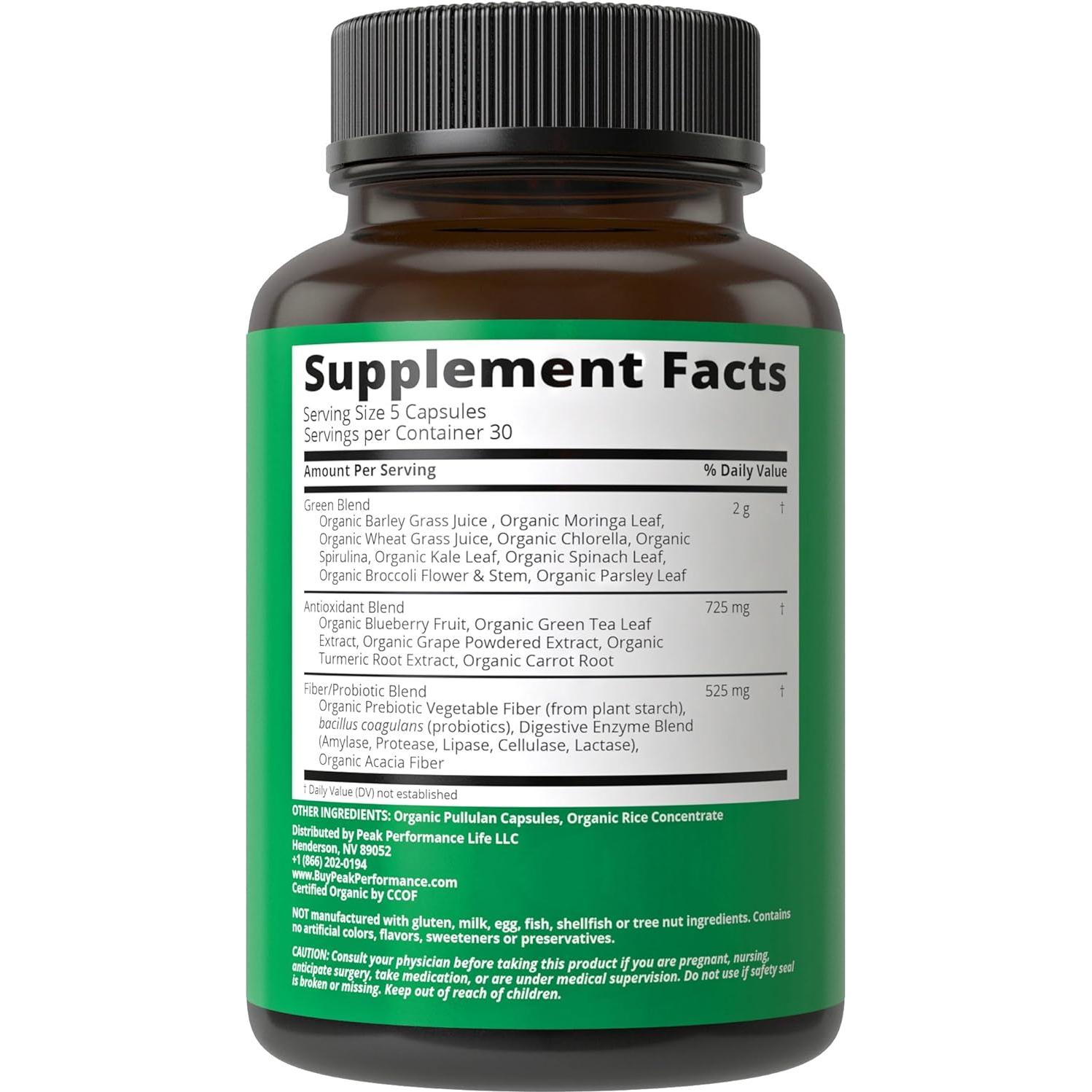 Cápsulas de Superalimento Verde Peak Performance 150 Unidades