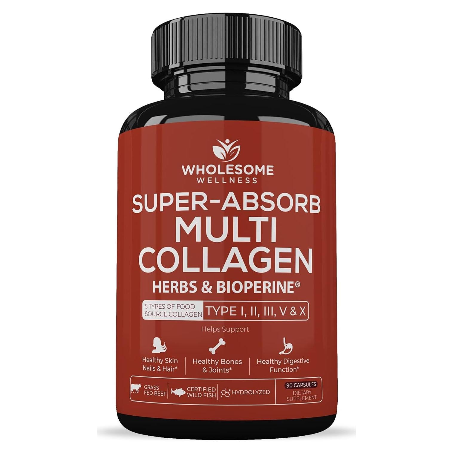 Wholesome Wellness Super-Absorb Multi Collagen Pills (Type I II III V X) Organic Herbs & Bioperine - Hair, Skin, Nails - Hydrolyzed Peptides Protein Supplement for Women & Men (90 Capsules)