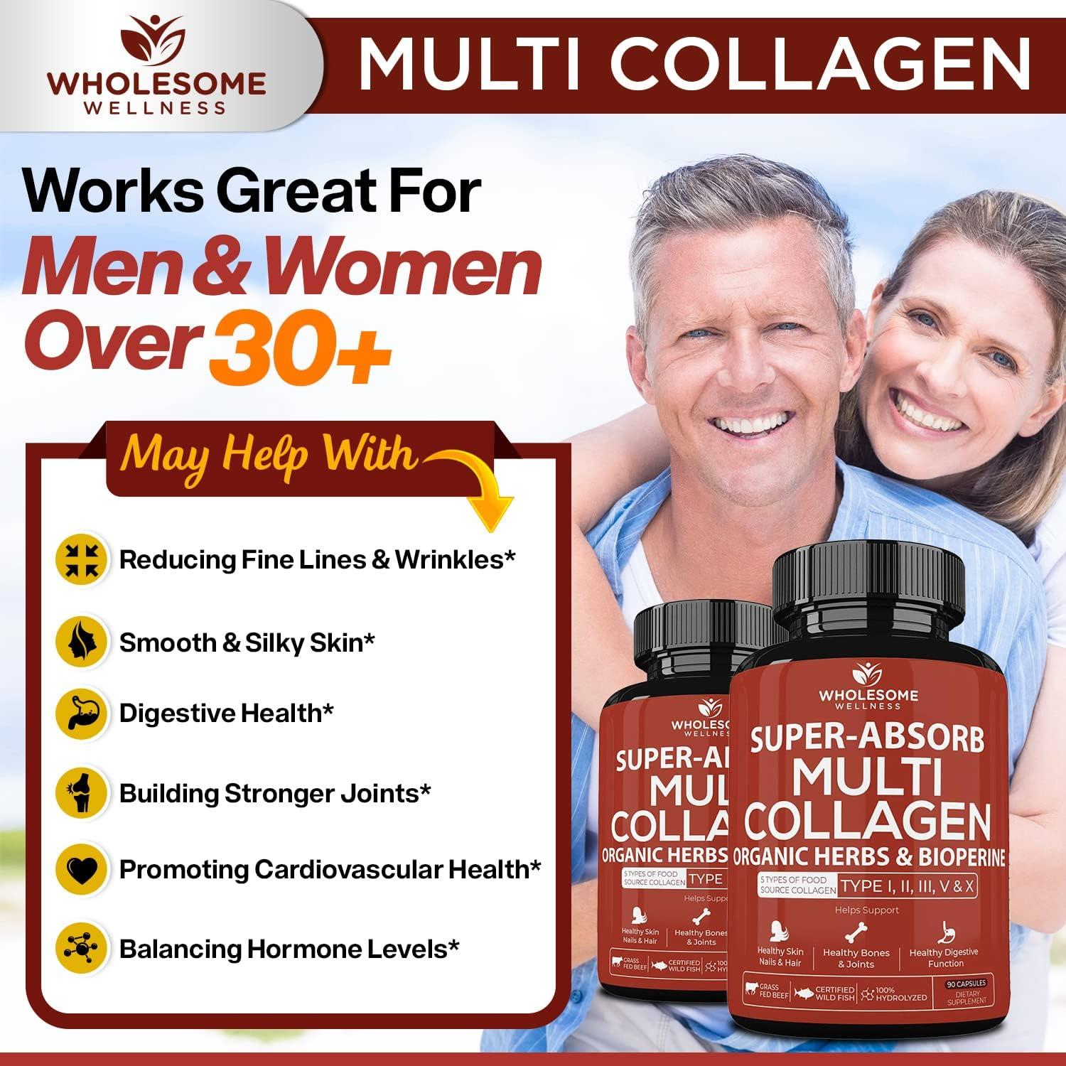 Wholesome Wellness Super-Absorb Multi Collagen Pills (Type I II III V X) Organic Herbs & Bioperine - Hair, Skin, Nails - Hydrolyzed Peptides Protein Supplement for Women & Men (90 Capsules)