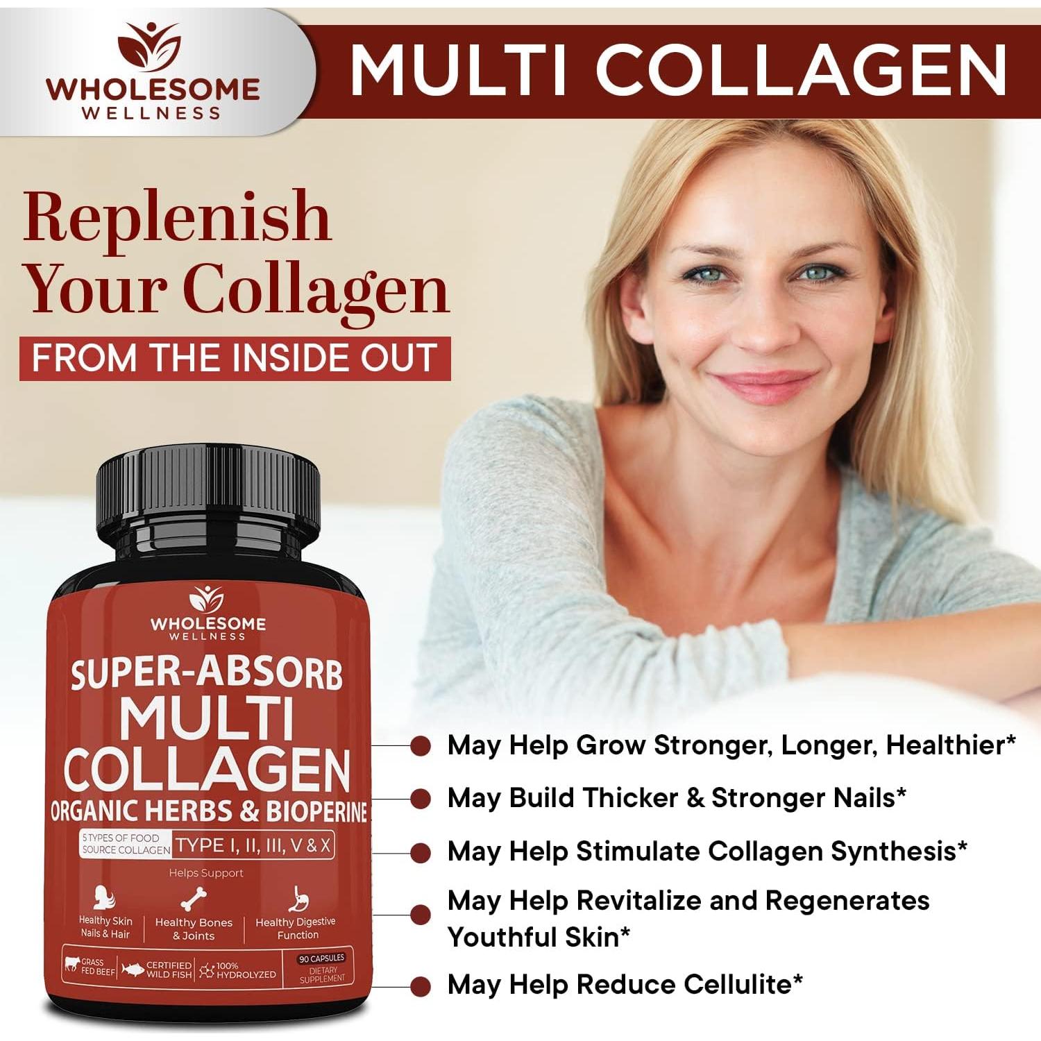 Wholesome Wellness Super-Absorb Multi Collagen Pills (Type I II III V X) Organic Herbs & Bioperine - Hair, Skin, Nails - Hydrolyzed Peptides Protein Supplement for Women & Men (90 Capsules)